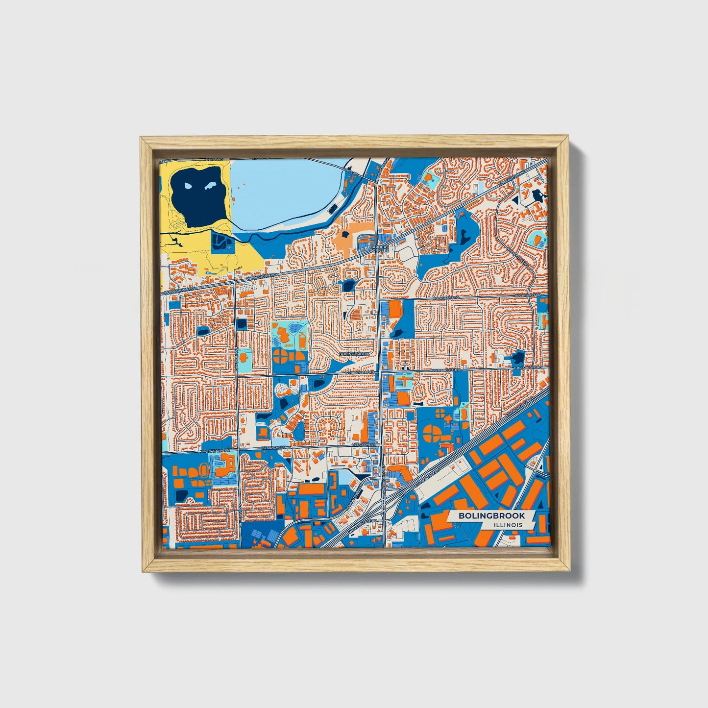 Bolingbrook Illinois Colorful City Map Canvas Print • Natural Wooden Framed