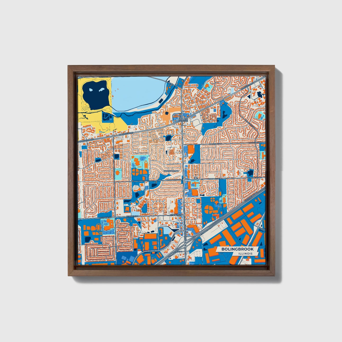 Bolingbrook Illinois Colorful City Map Canvas Print • Dark Wooden Framed