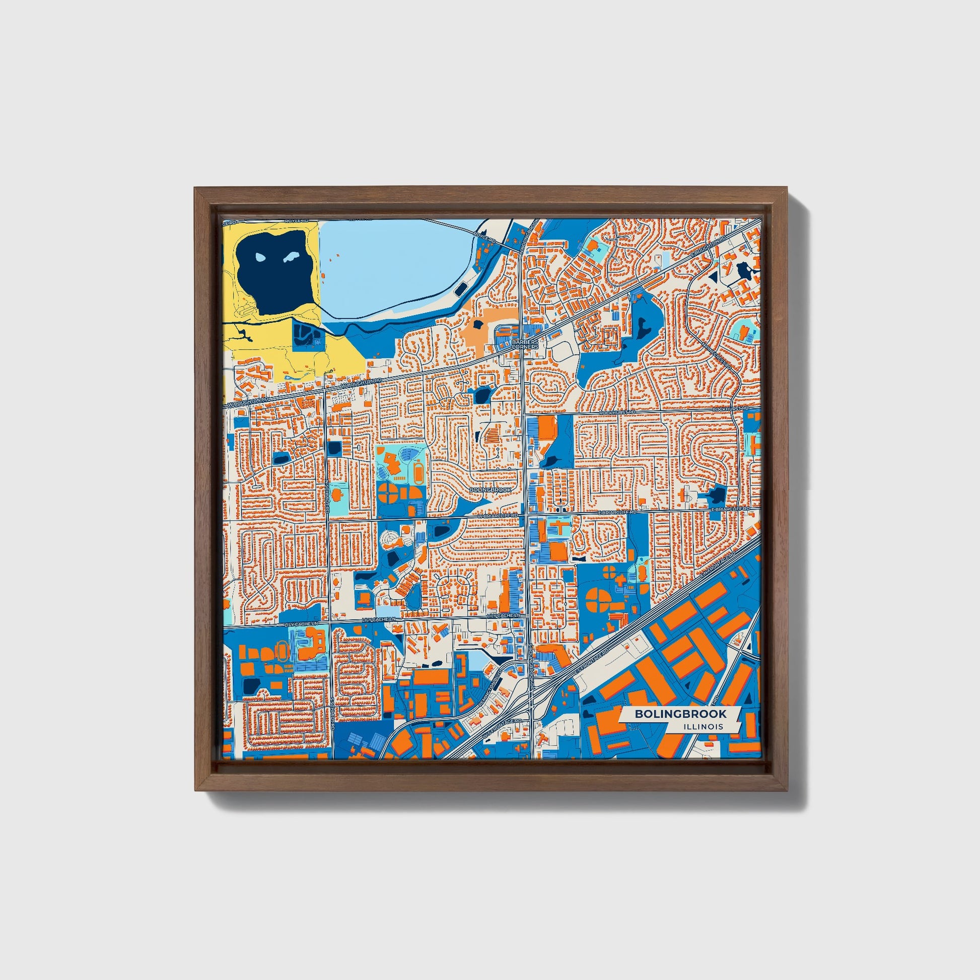 Bolingbrook Illinois Colorful City Map Canvas Print • Dark Wooden Framed
