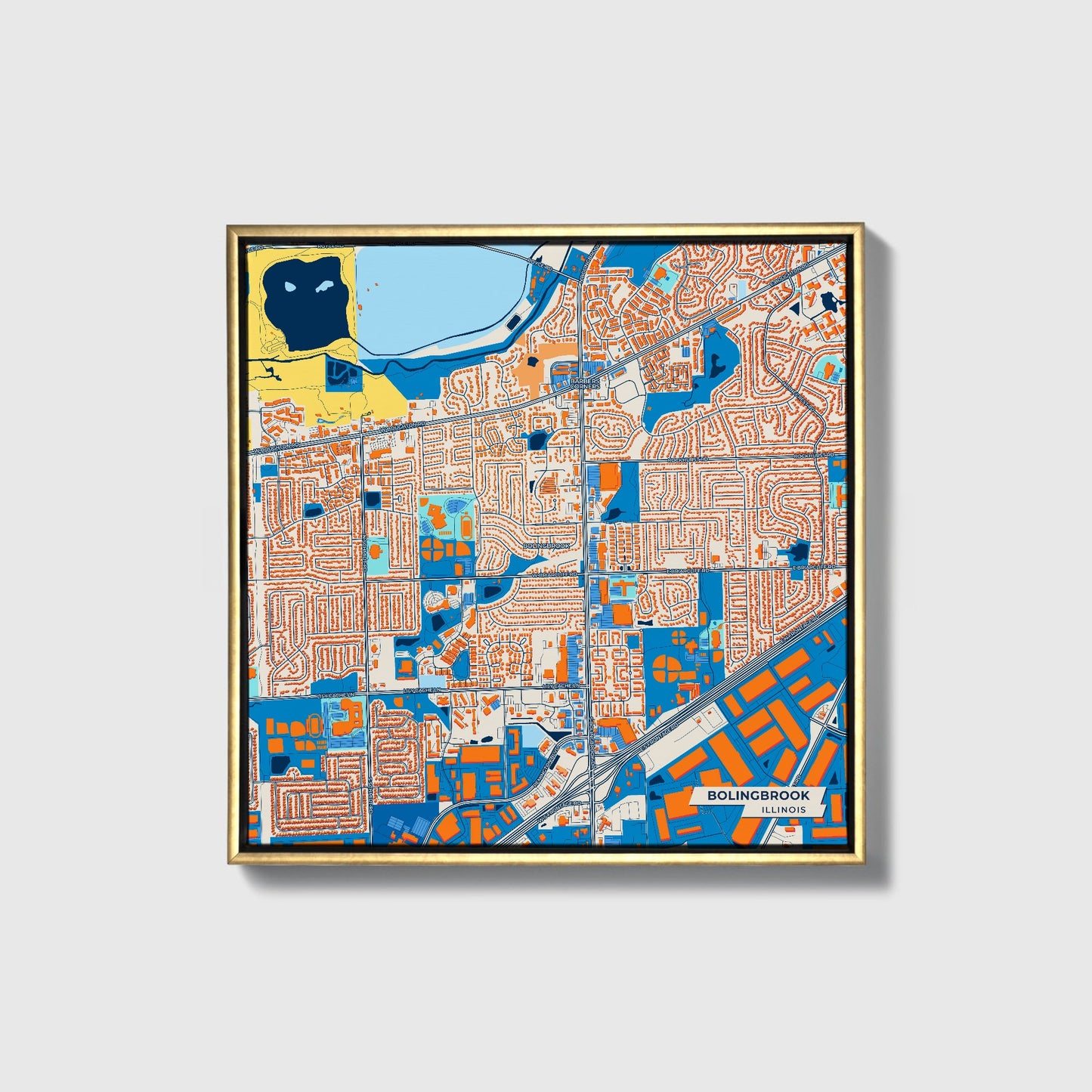 Bolingbrook Illinois Colorful City Map Canvas Print • Gold Framed