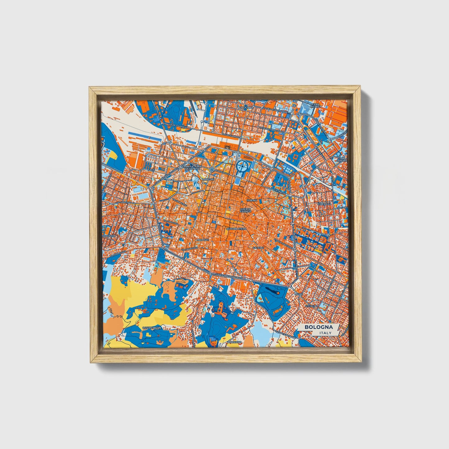 Bologna  Italy Colorful City Map Canvas Print • Natural Wooden Framed