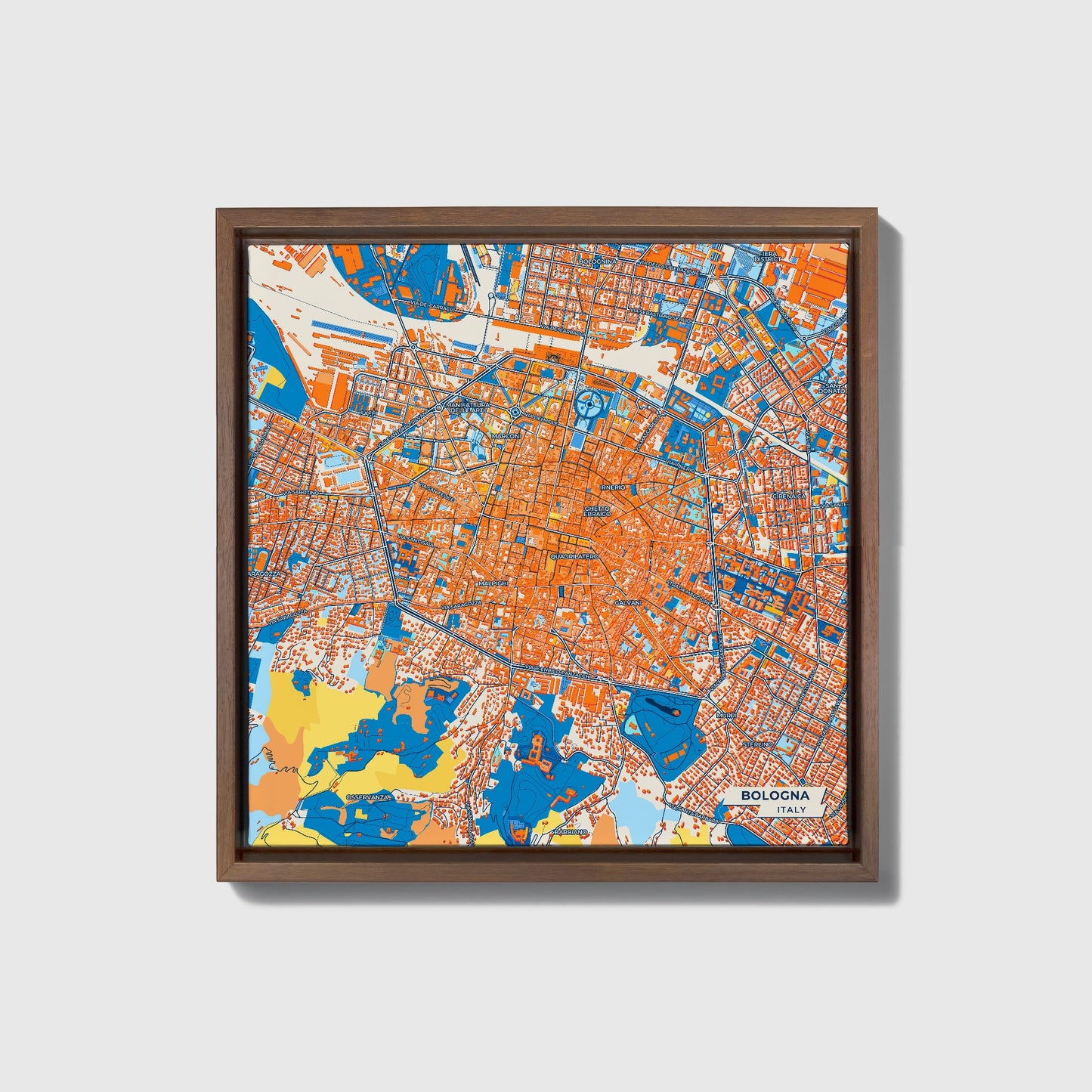 Bologna  Italy Colorful City Map Canvas Print • Dark Wooden Framed