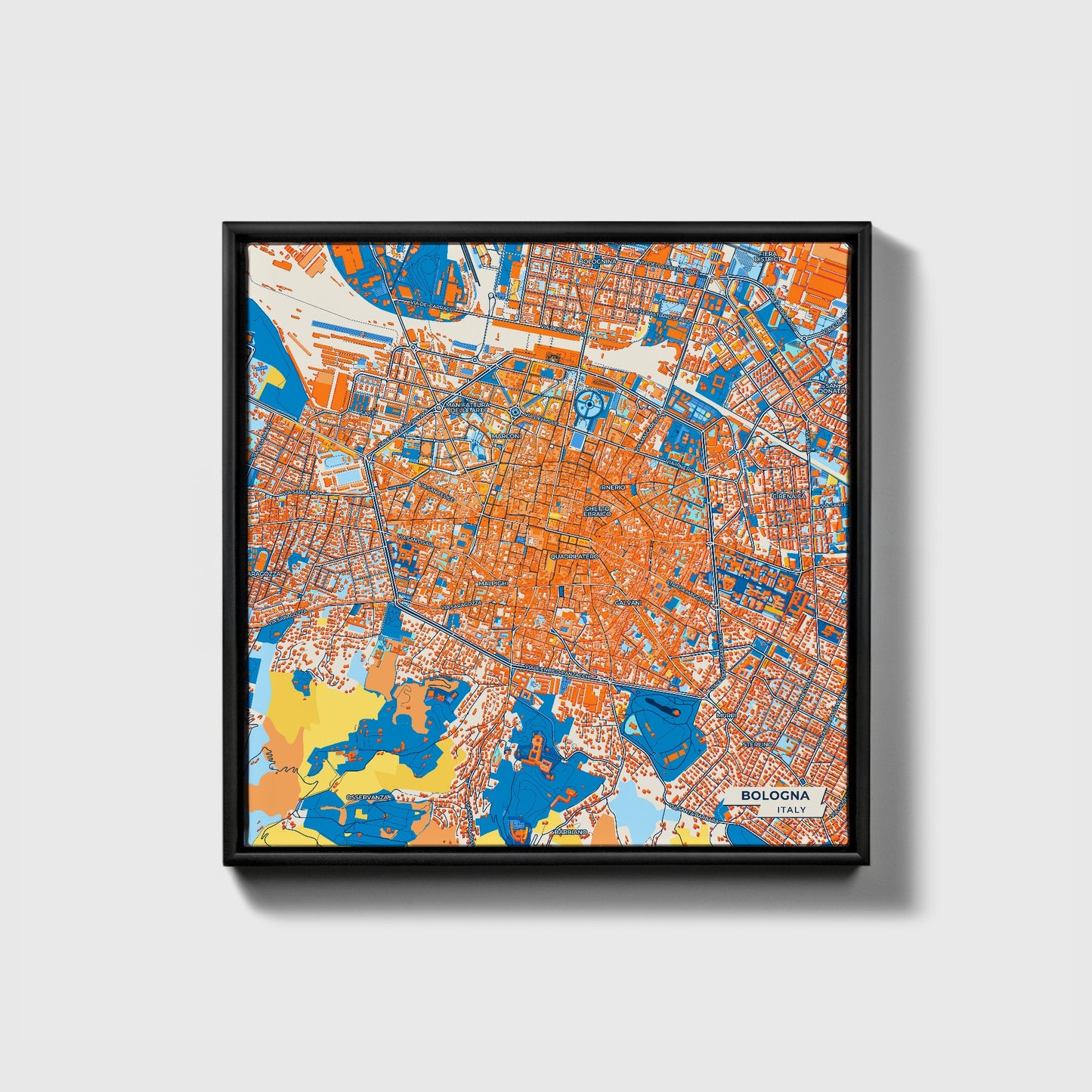 Bologna  Italy Colorful City Map Canvas Print • Black Framed