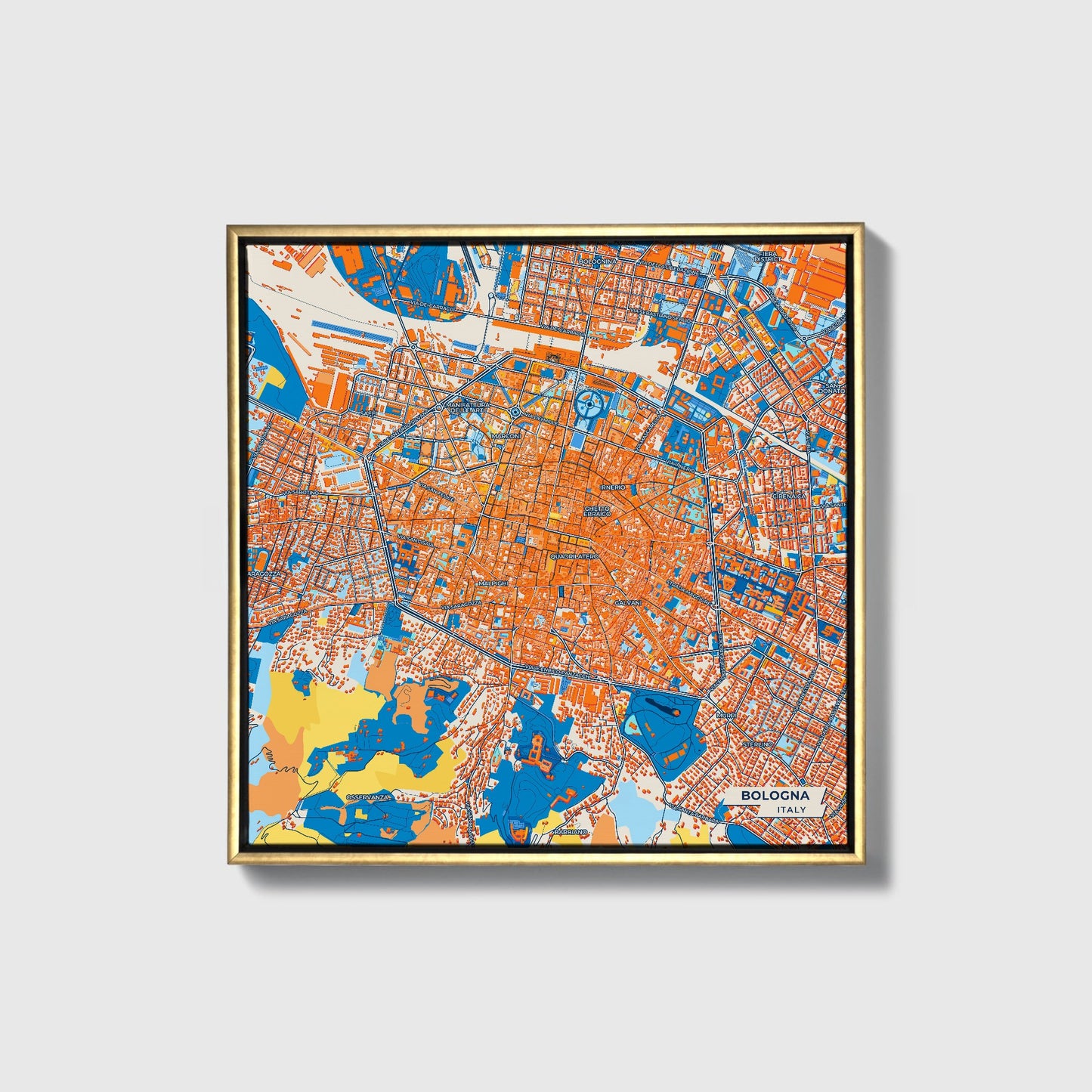 Bologna  Italy Colorful City Map Canvas Print • Gold Framed