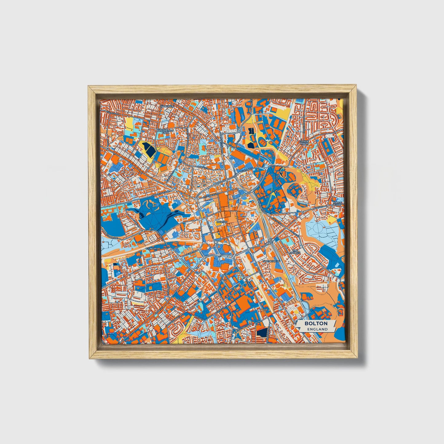 Bolton England Colorful City Map Canvas Print • Natural Wooden Framed