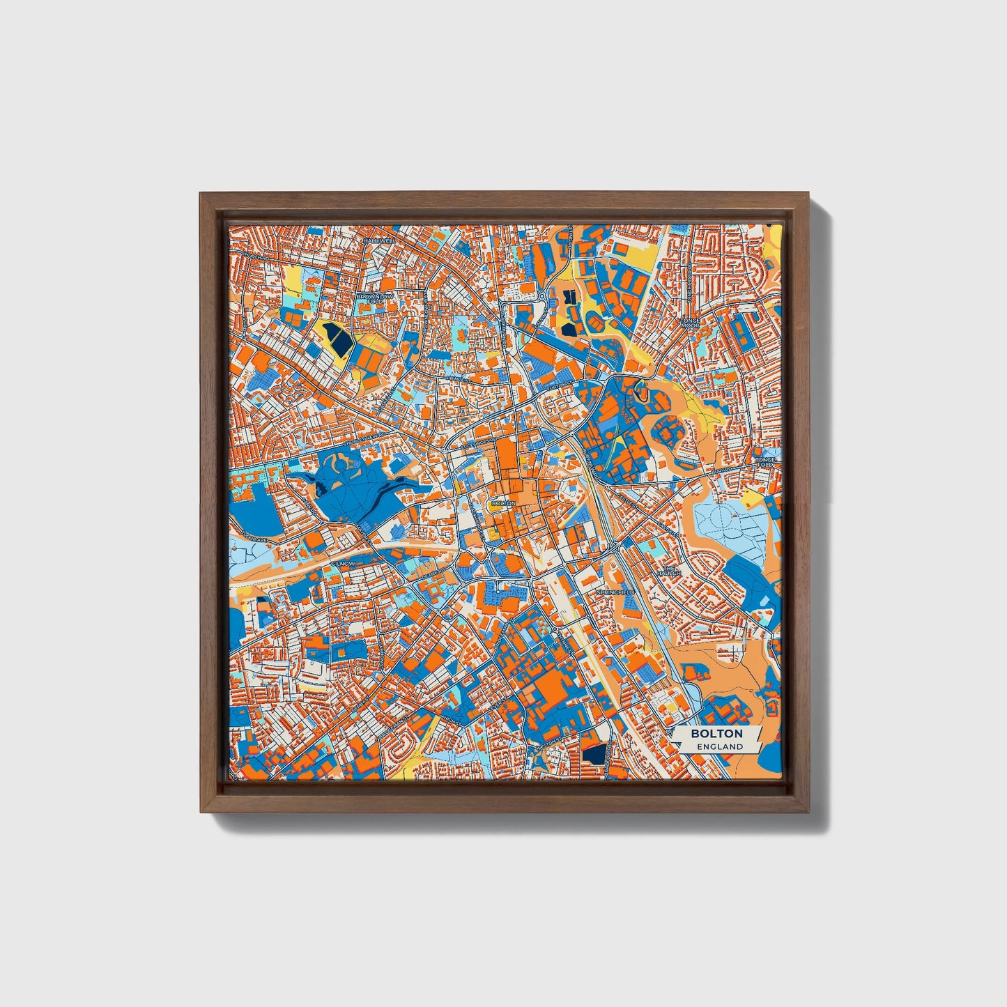 Bolton England Colorful City Map Canvas Print • Dark Wooden Framed