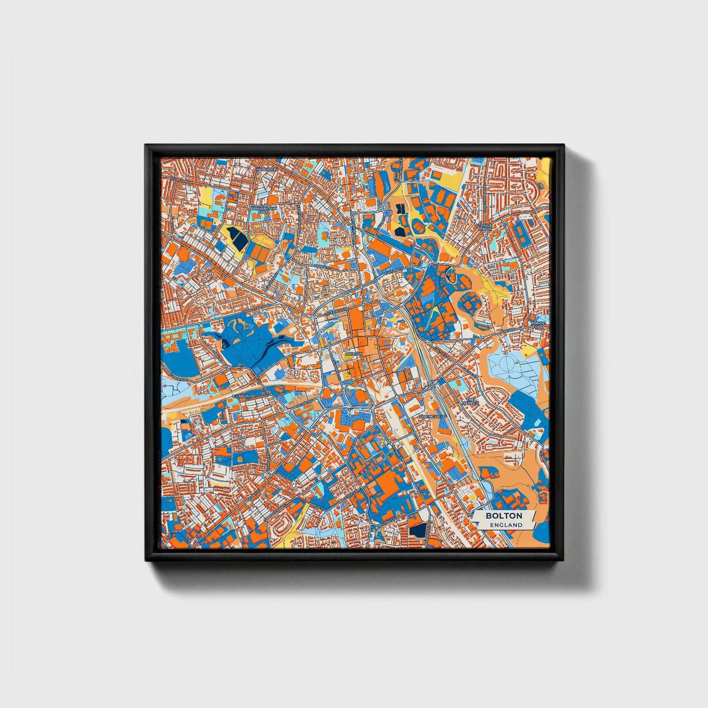 Bolton England Colorful City Map Canvas Print • Black Framed