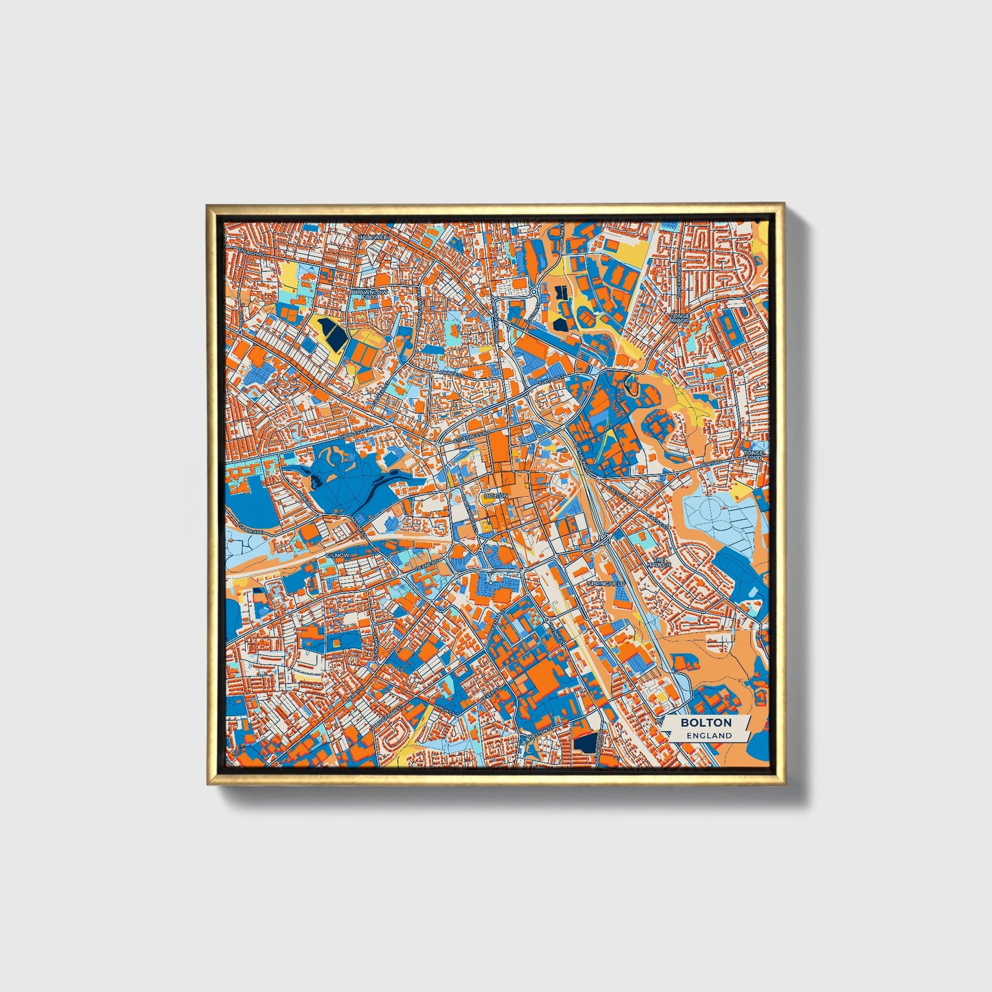Bolton England Colorful City Map Canvas Print • Gold Framed