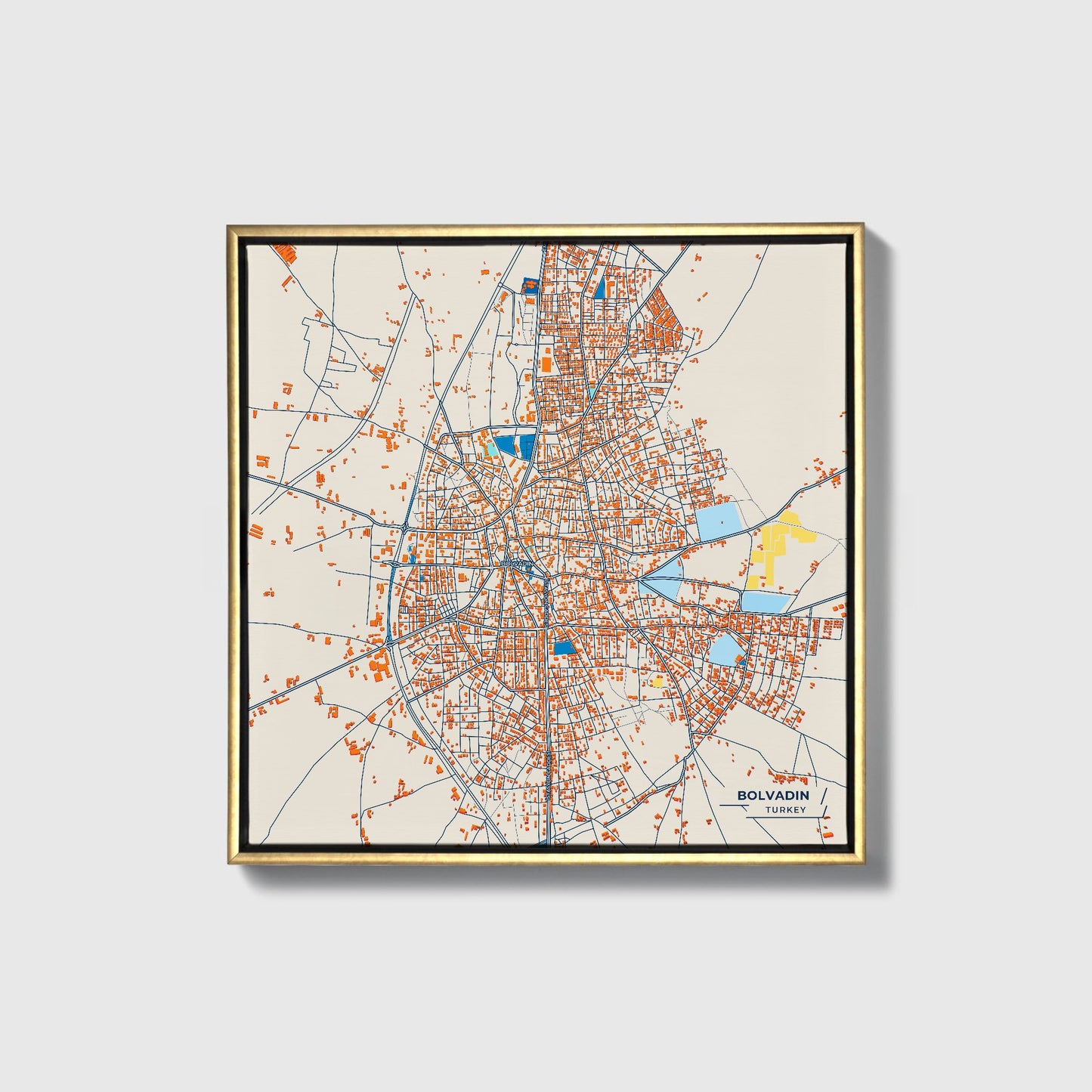 Bolvadin Turkey Colorful City Map Canvas Print • Gold Framed