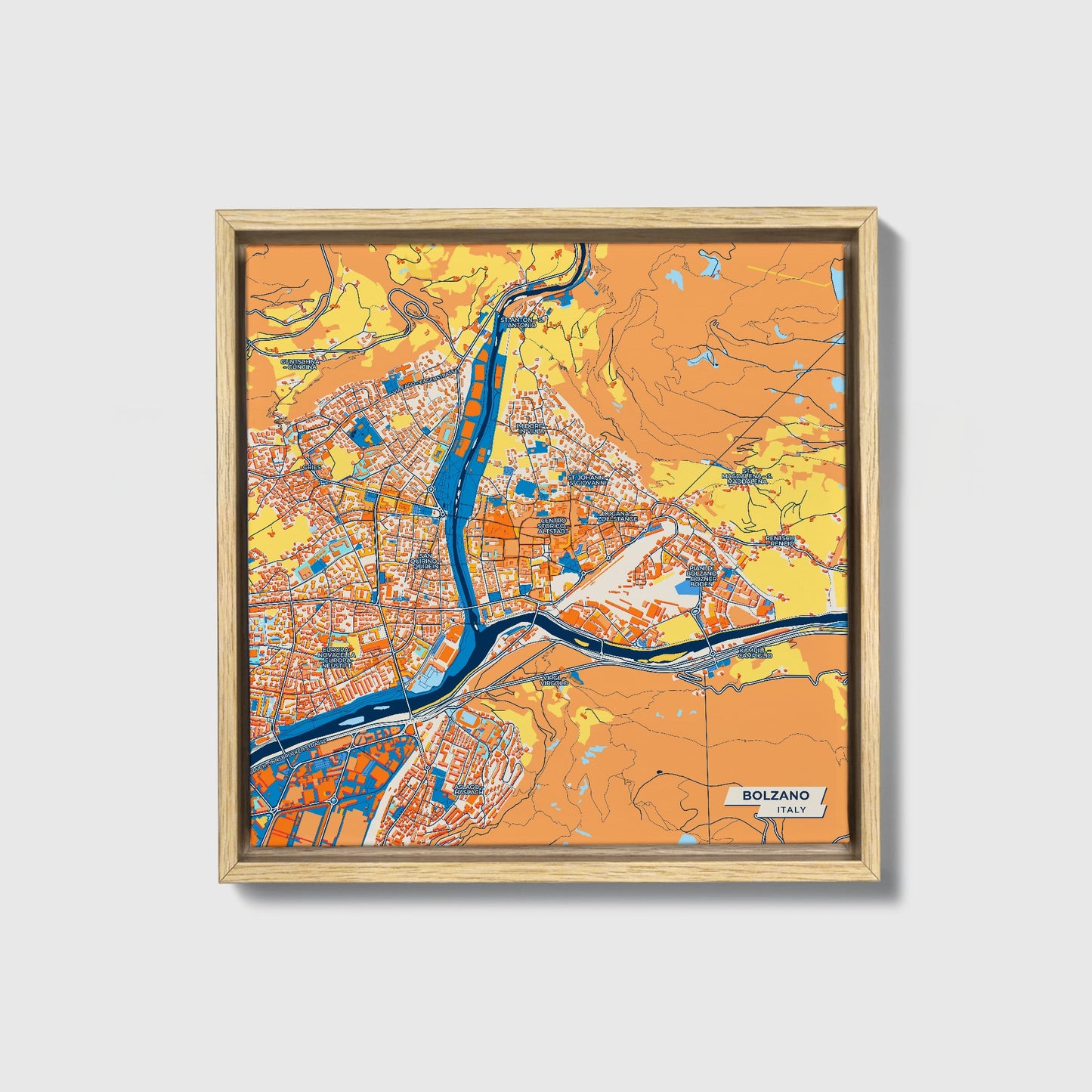 Bolzano Italy Colorful City Map Canvas Print • Natural Wooden Framed