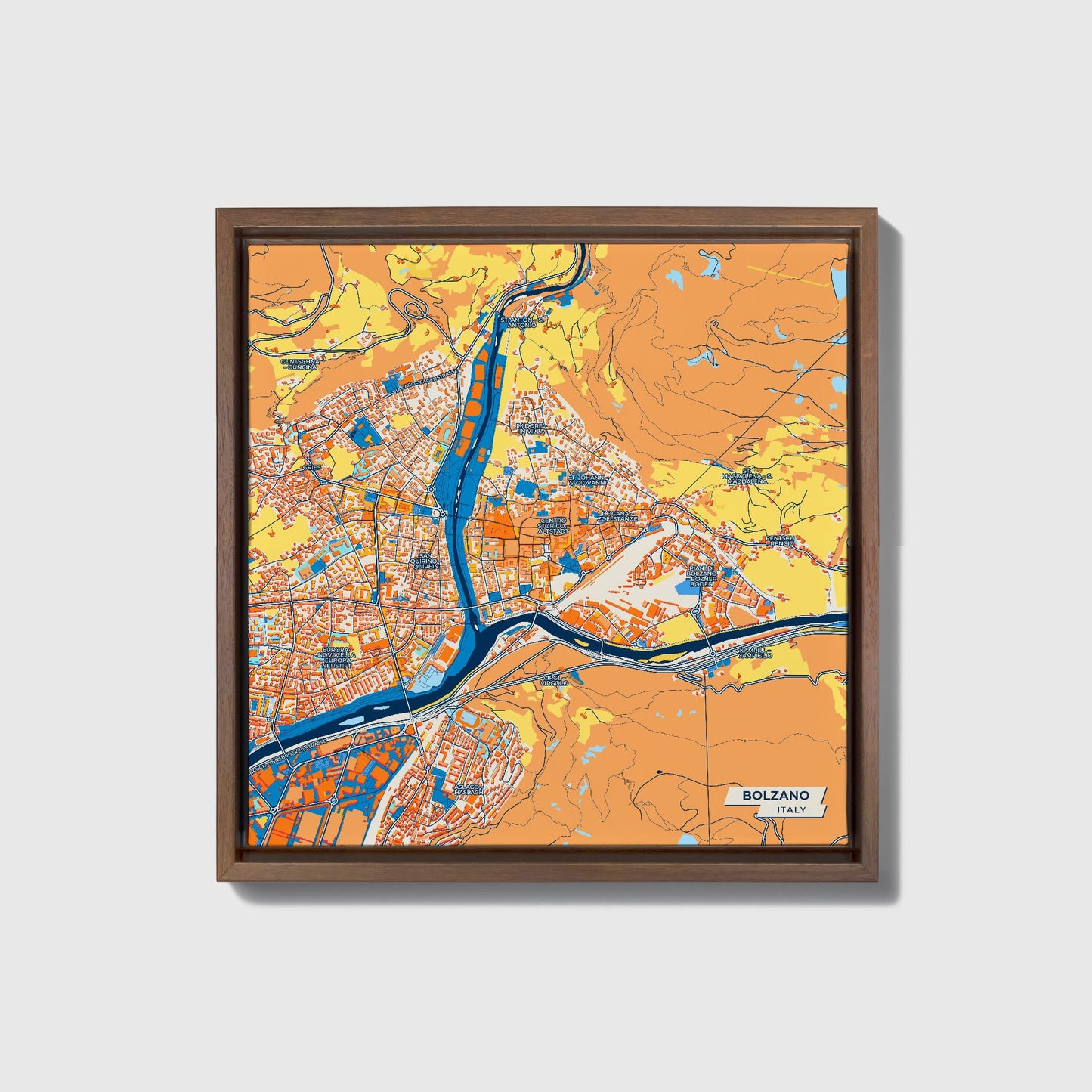 Bolzano Italy Colorful City Map Canvas Print • Dark Wooden Framed
