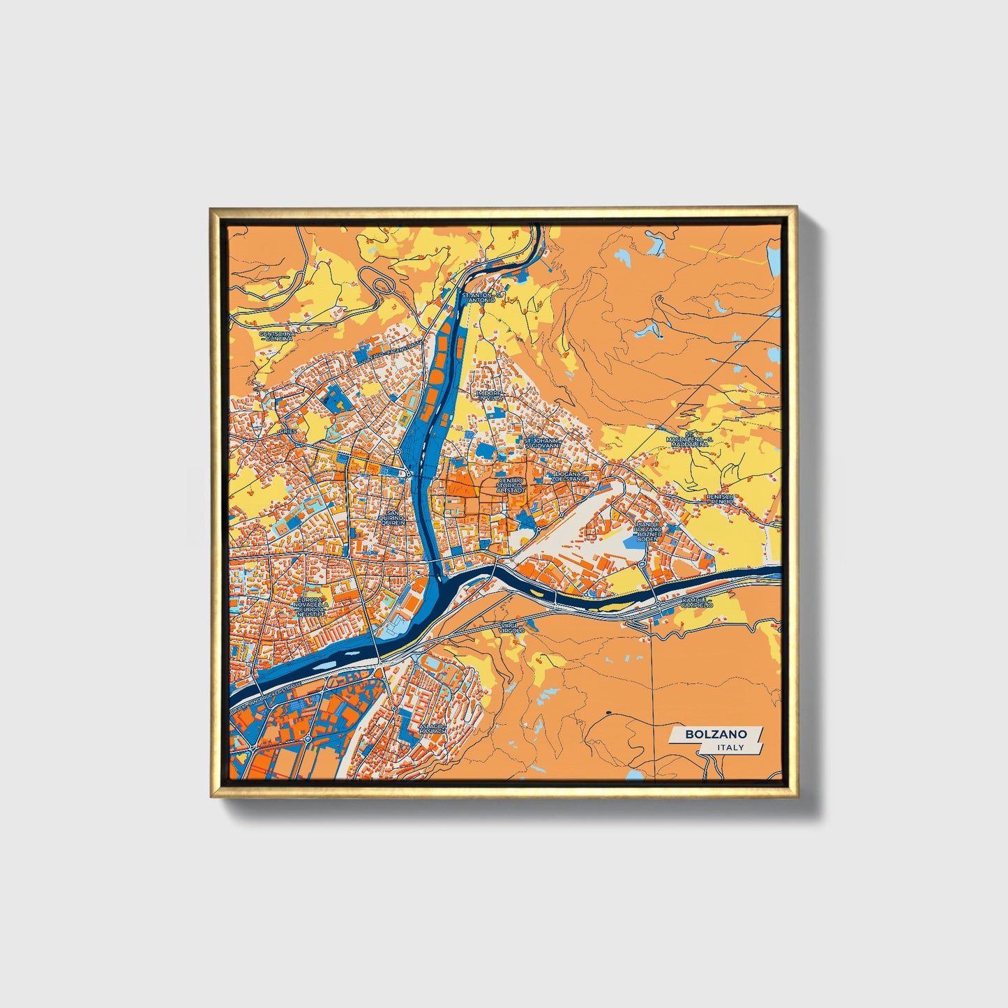 Bolzano Italy Colorful City Map Canvas Print • Gold Framed