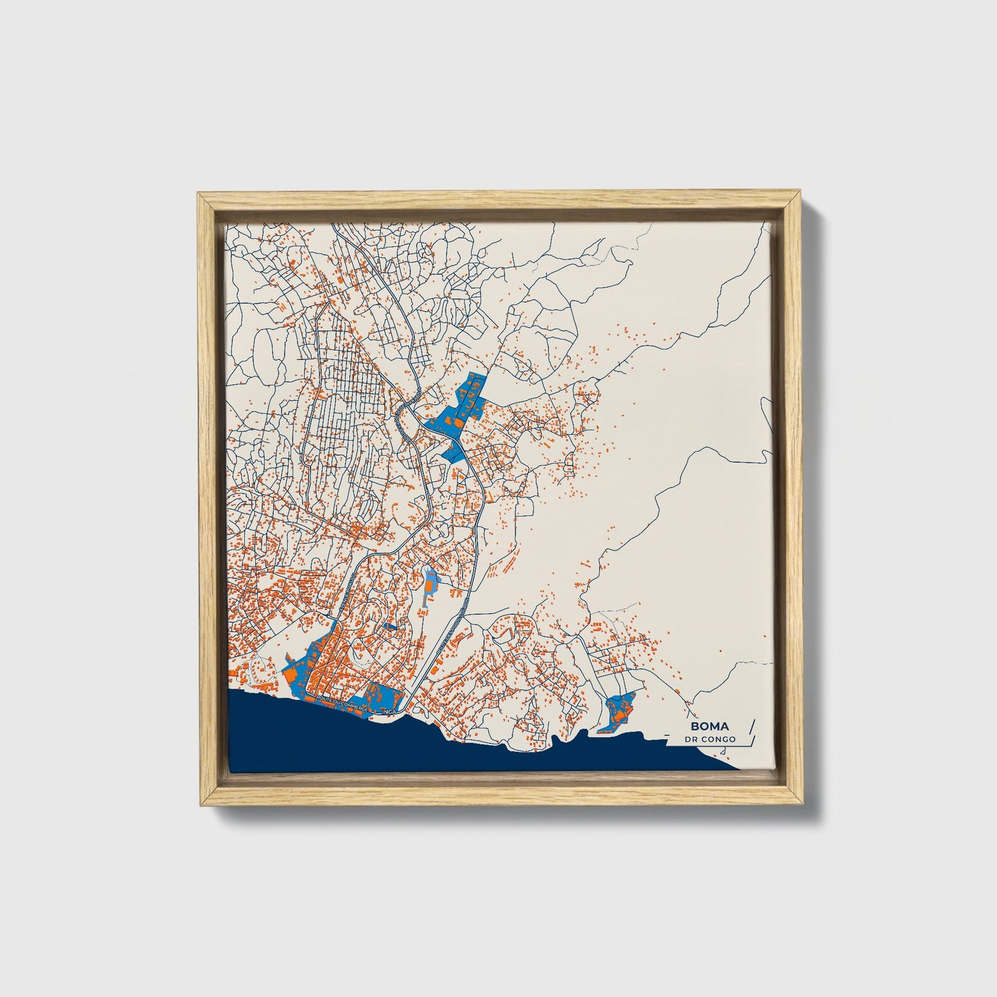 Boma Dr Congo Colorful City Map Canvas Print • Natural Wooden Framed