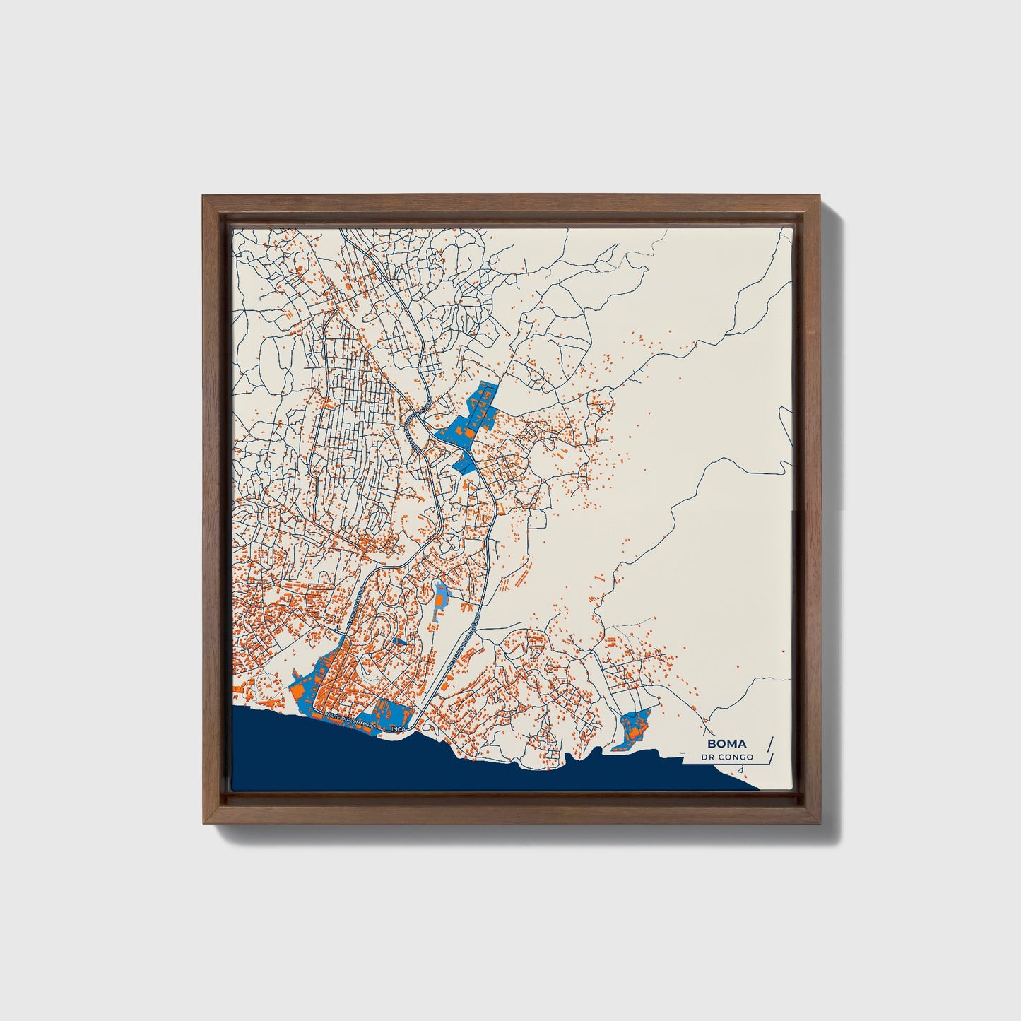 Boma Dr Congo Colorful City Map Canvas Print • Dark Wooden Framed
