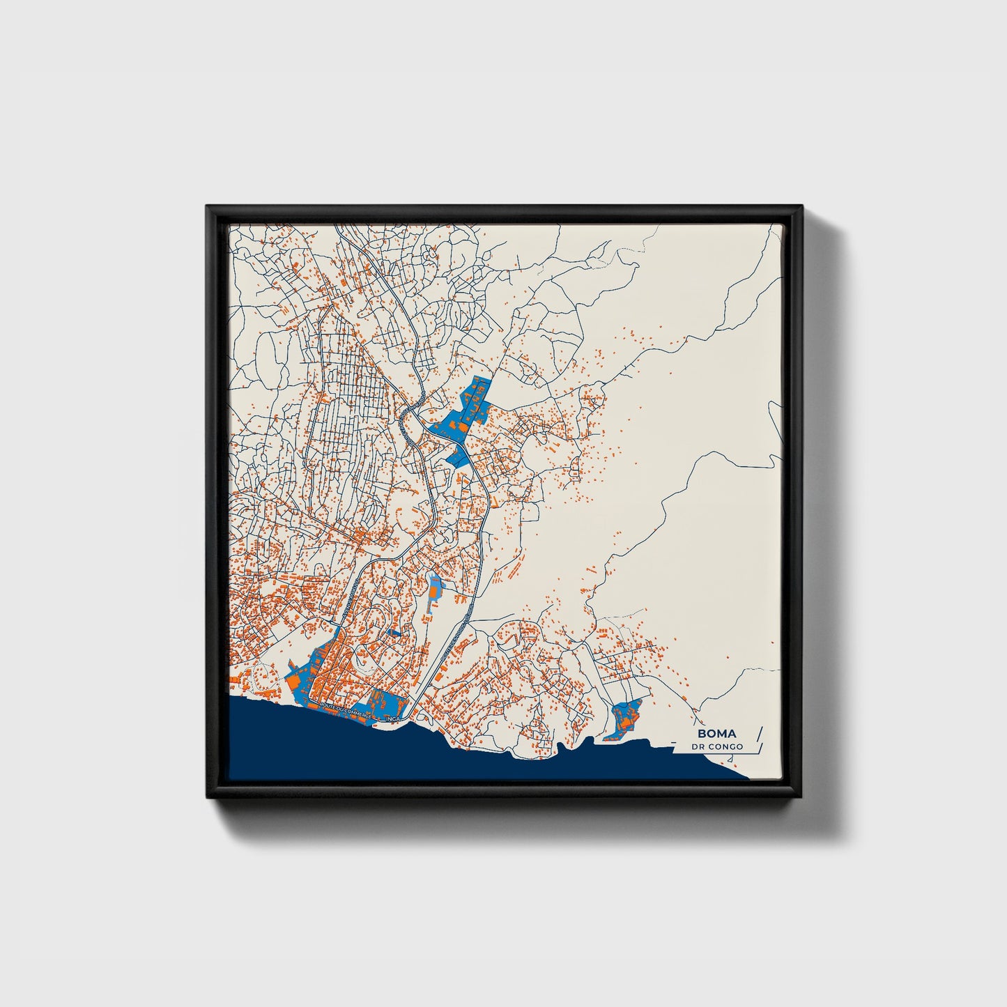 Boma Dr Congo Colorful City Map Canvas Print • Black Framed