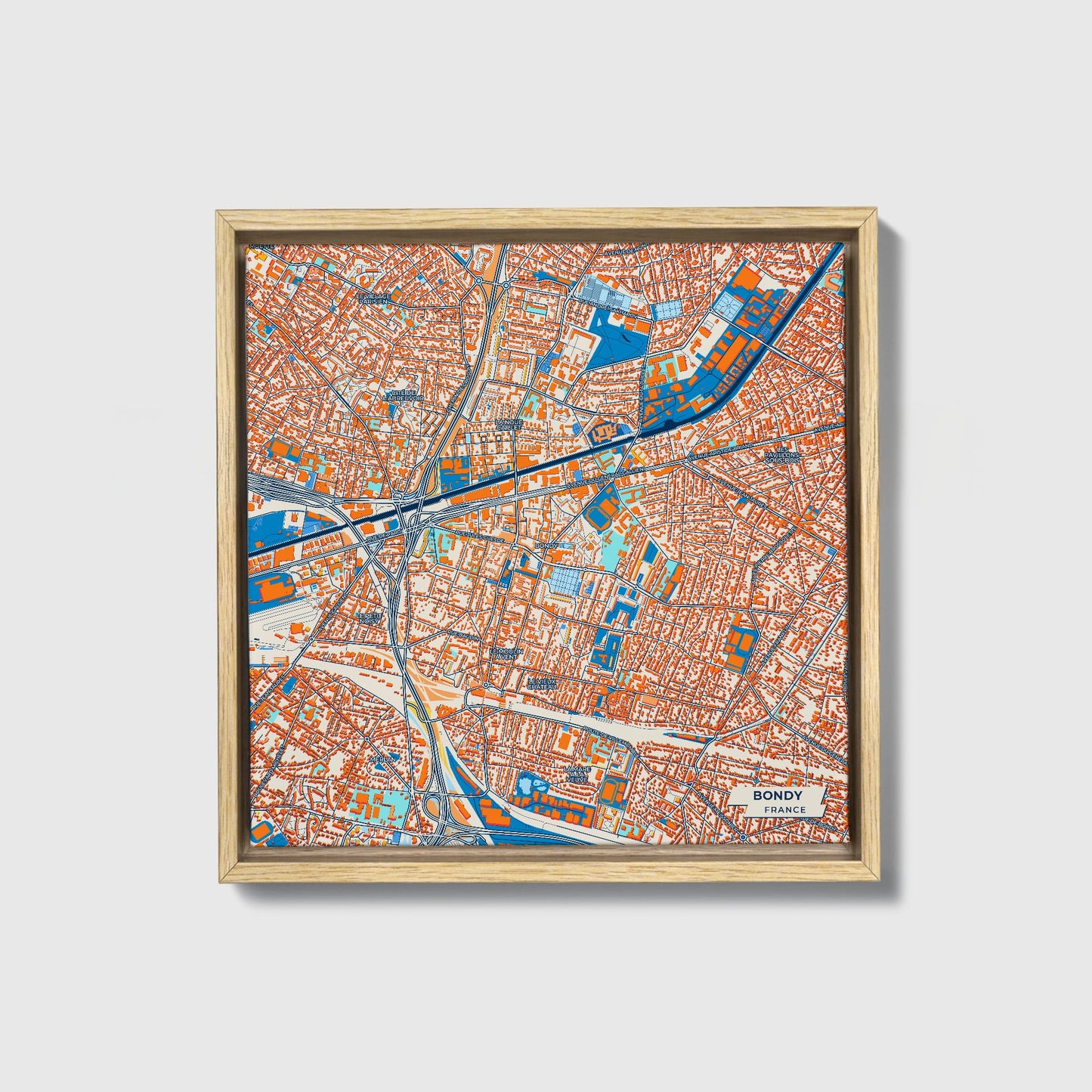 Bondy France Colorful City Map Canvas Print • Natural Wooden Framed