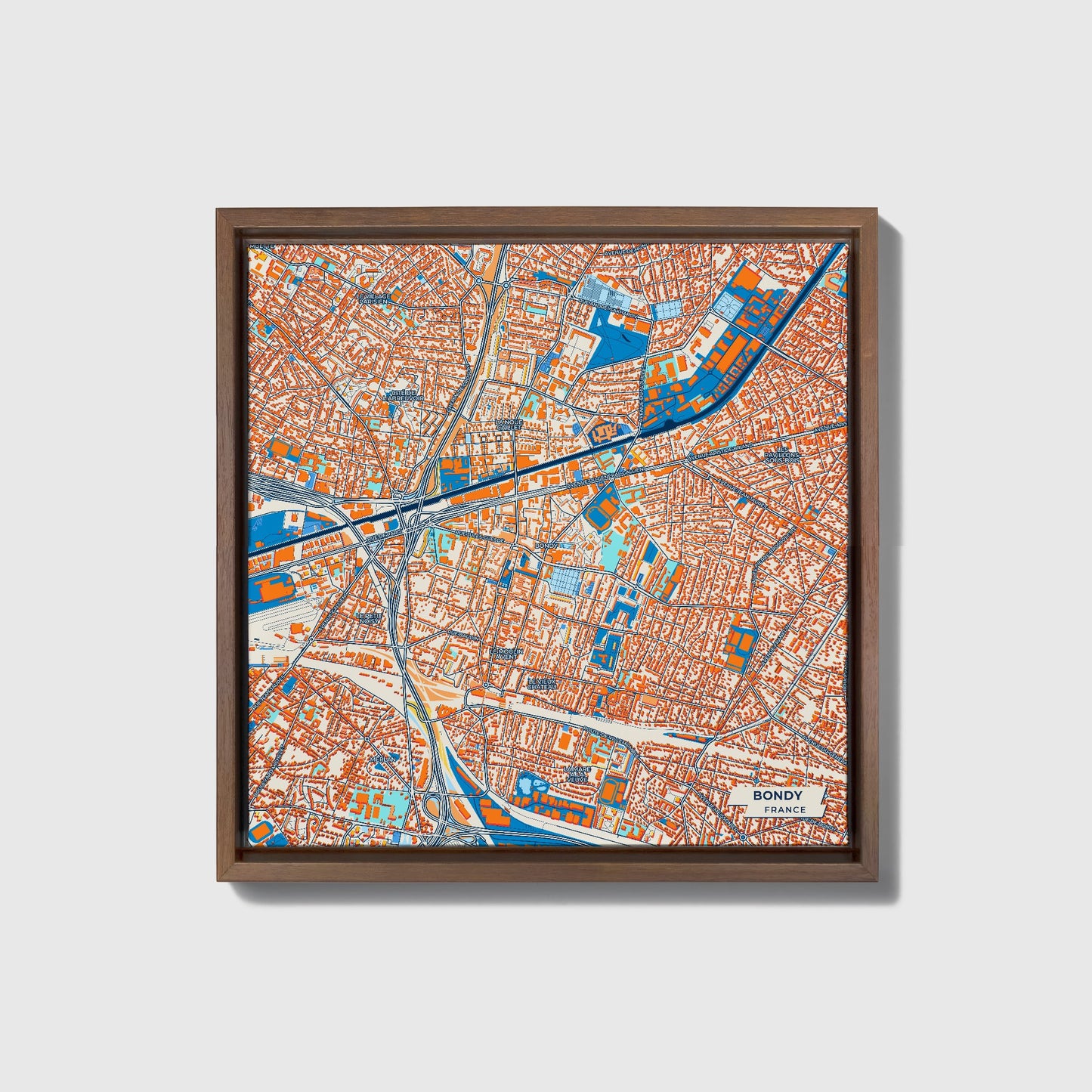 Bondy France Colorful City Map Canvas Print • Dark Wooden Framed