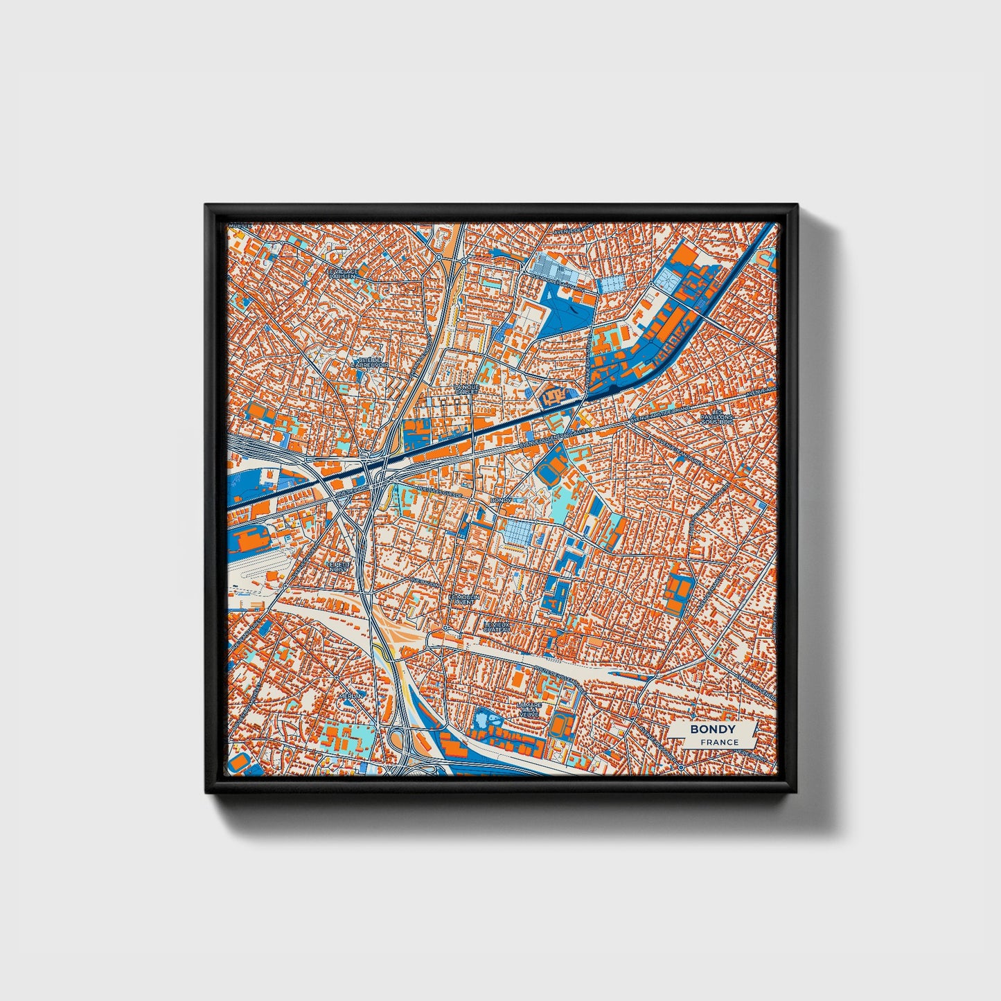 Bondy France Colorful City Map Canvas Print • Black Framed