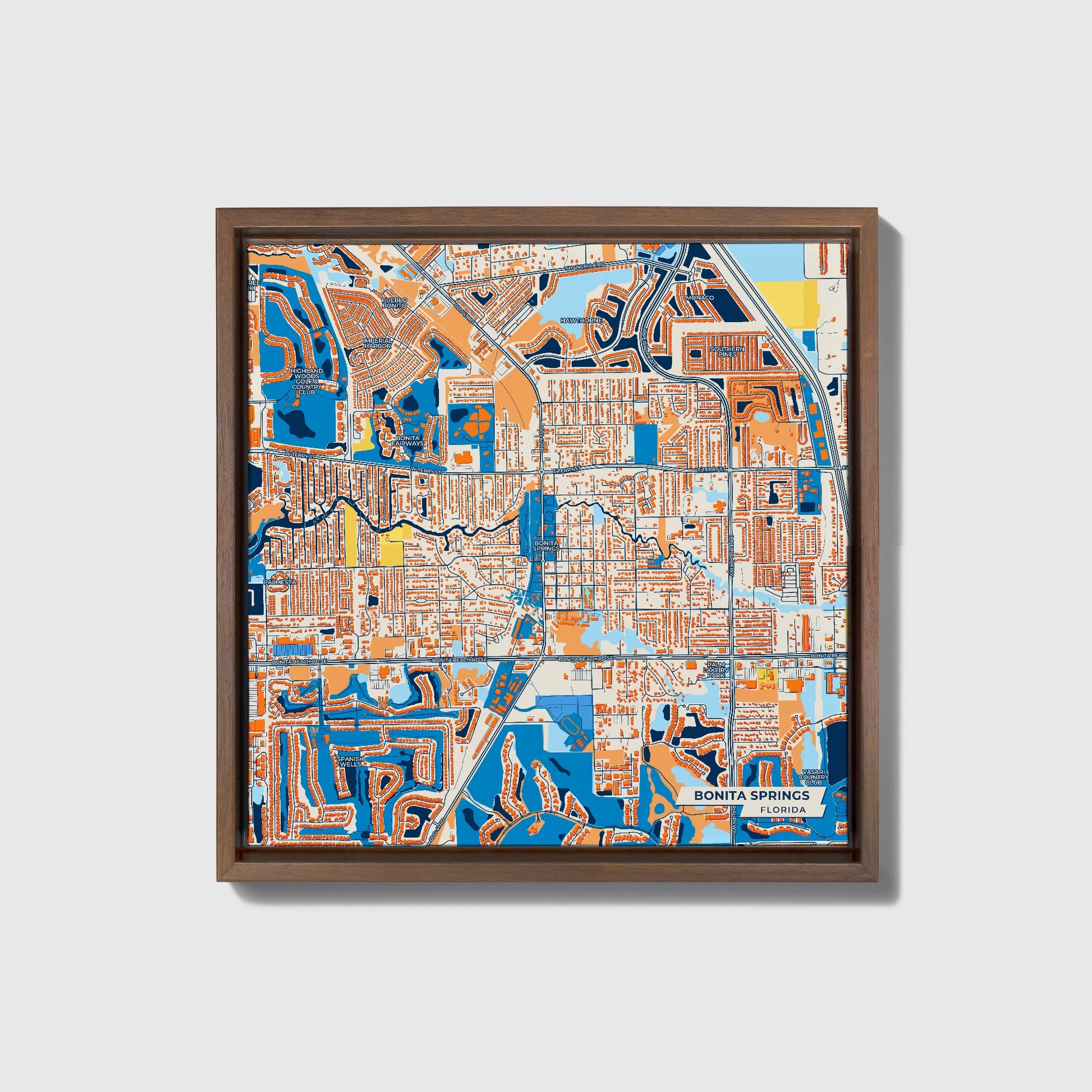 Bonita Springs Florida Colorful City Map Canvas Print • Dark Wooden Framed