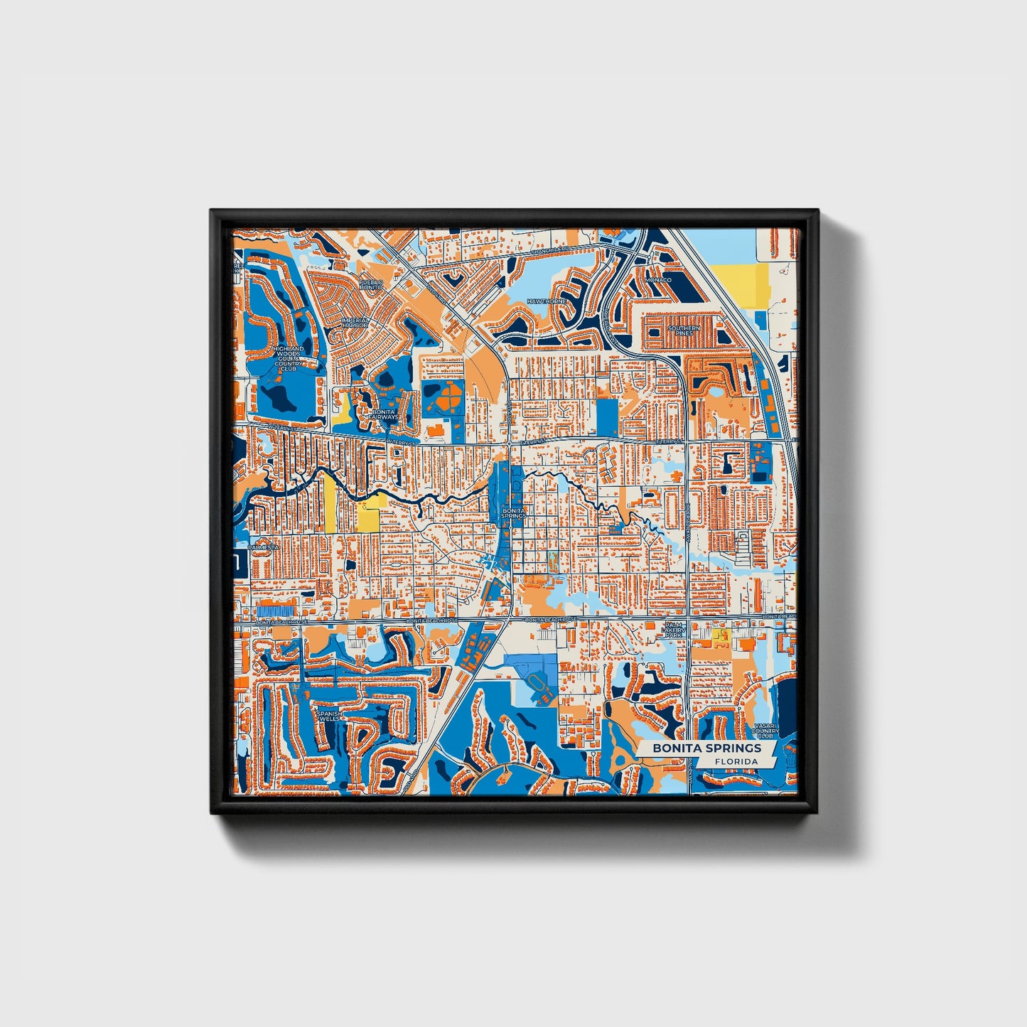 Bonita Springs Florida Colorful City Map Canvas Print • Black Framed