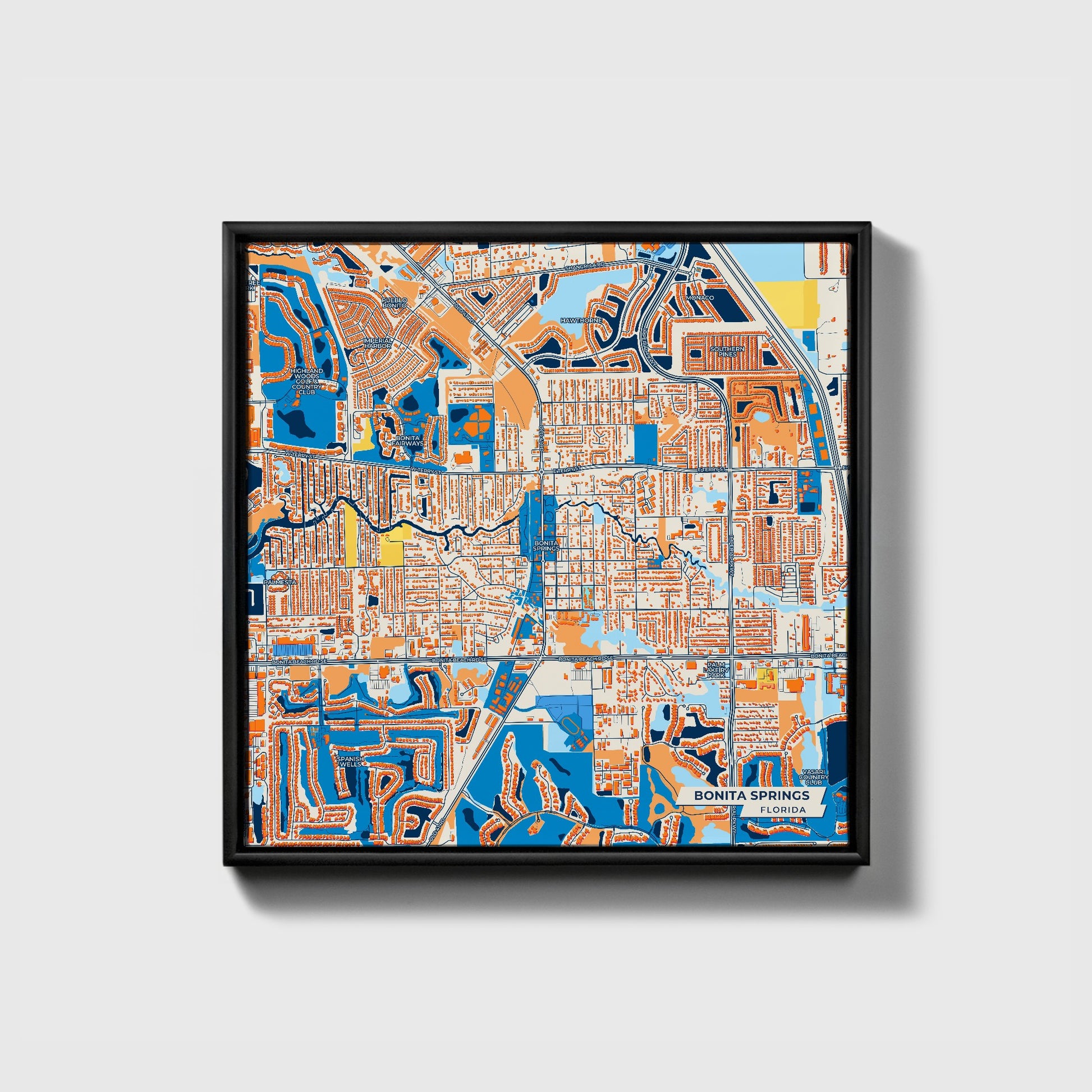 Bonita Springs Florida Colorful City Map Canvas Print • Black Framed