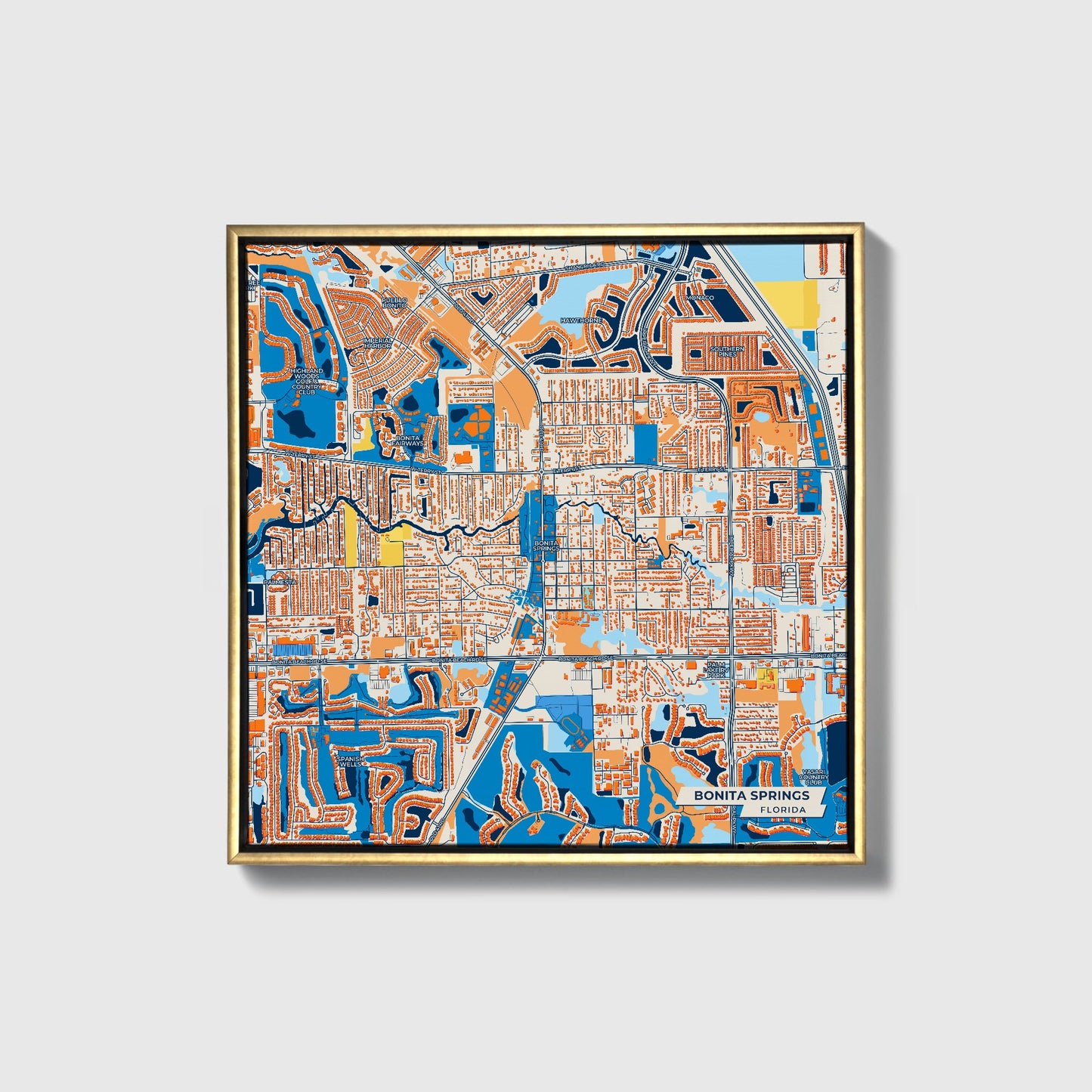 Bonita Springs Florida Colorful City Map Canvas Print • Gold Framed