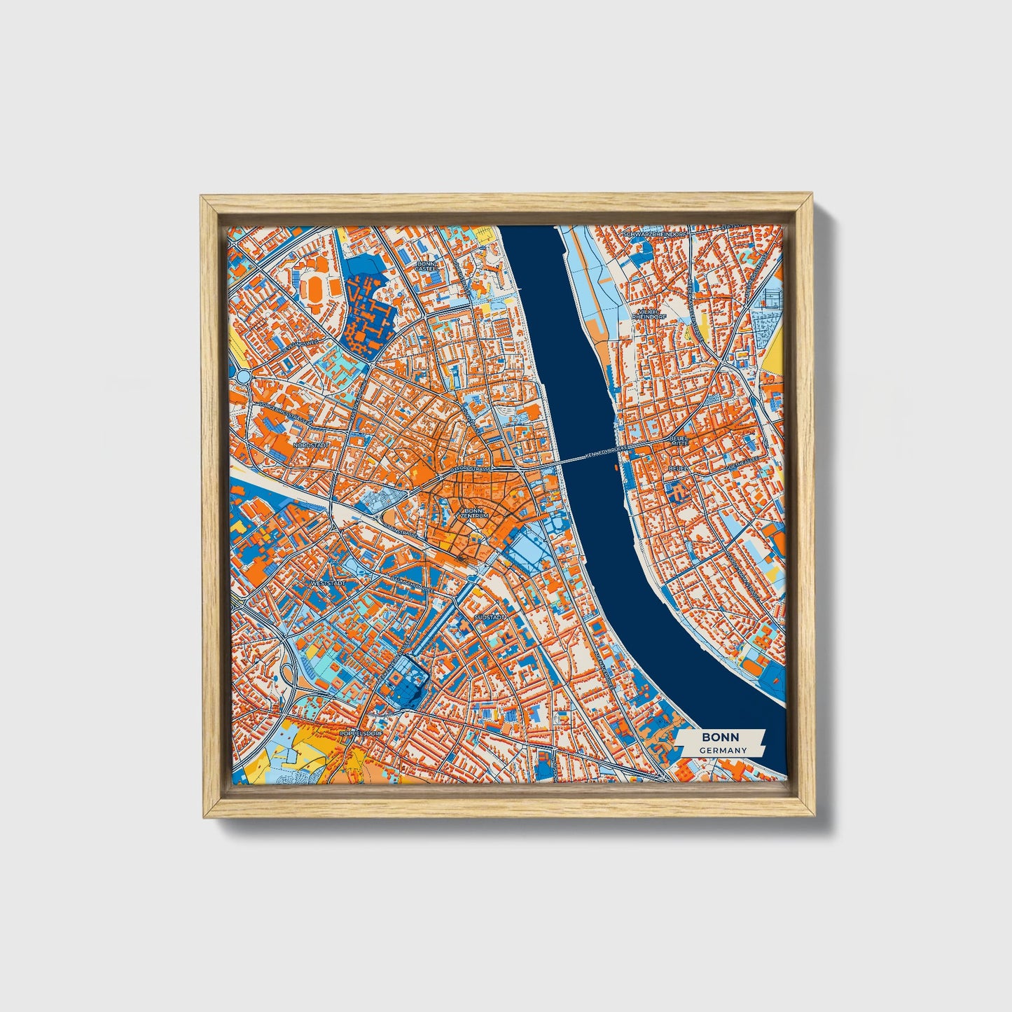 Bonn Germany Colorful City Map Canvas Print • Natural Wooden Framed