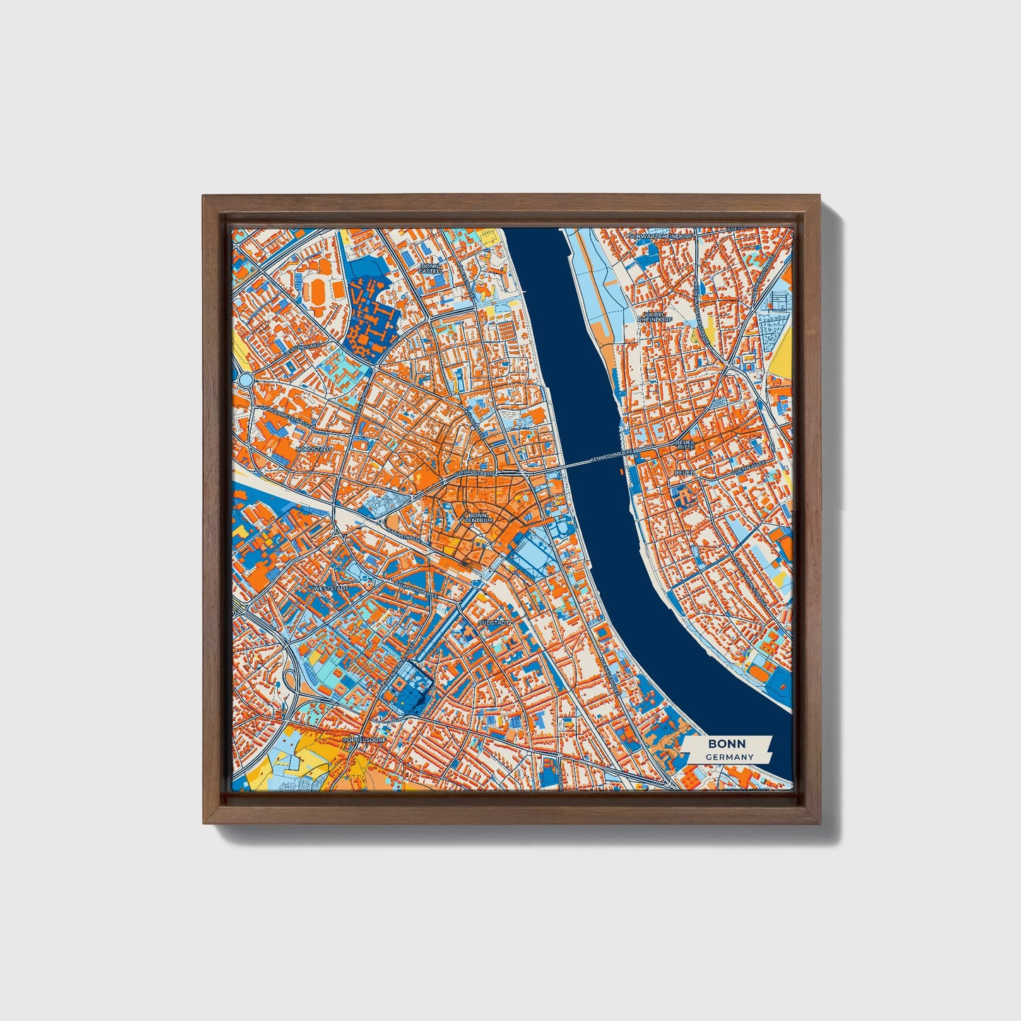 Bonn Germany Colorful City Map Canvas Print • Dark Wooden Framed