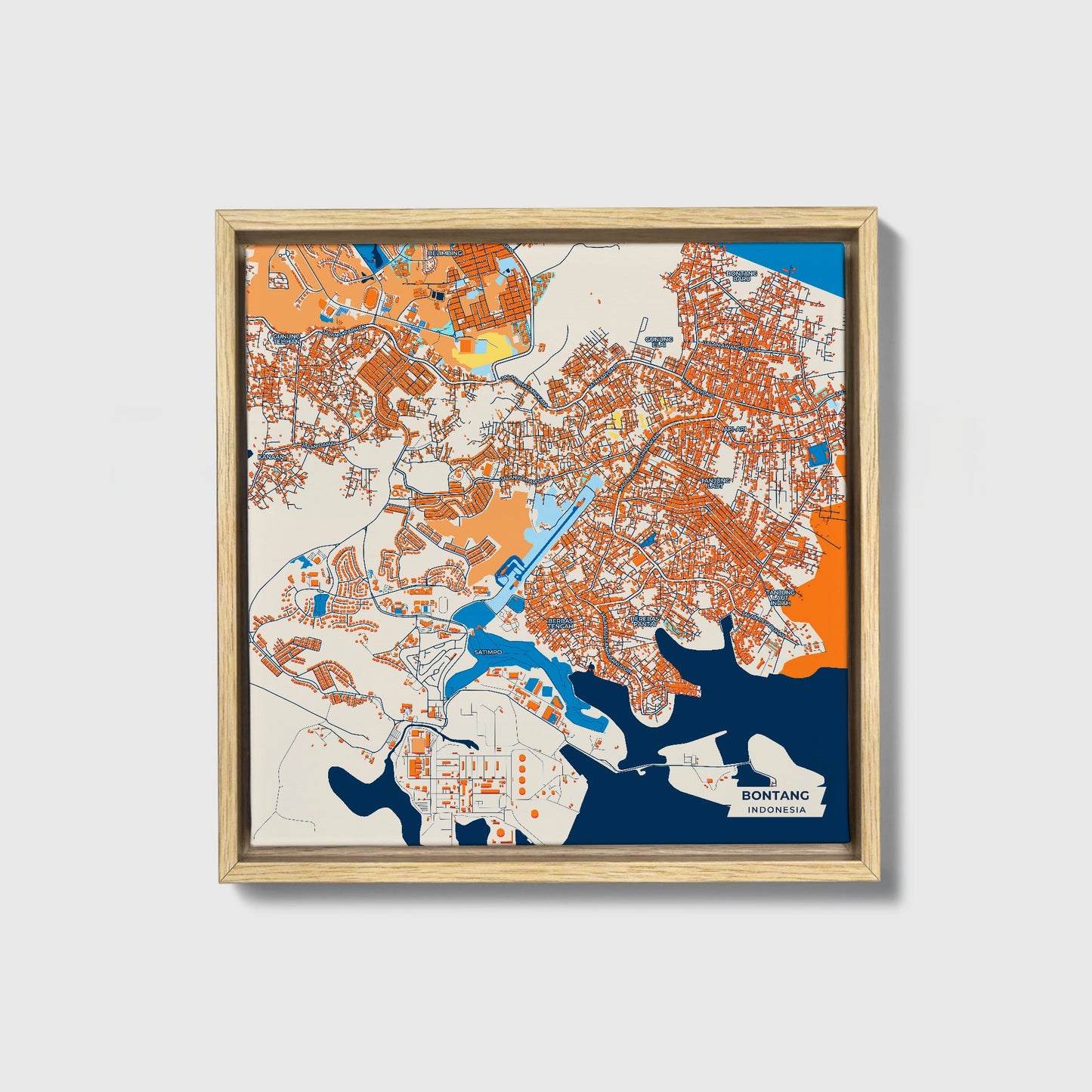 Bontang Indonesia Colorful City Map Canvas Print • Natural Wooden Framed