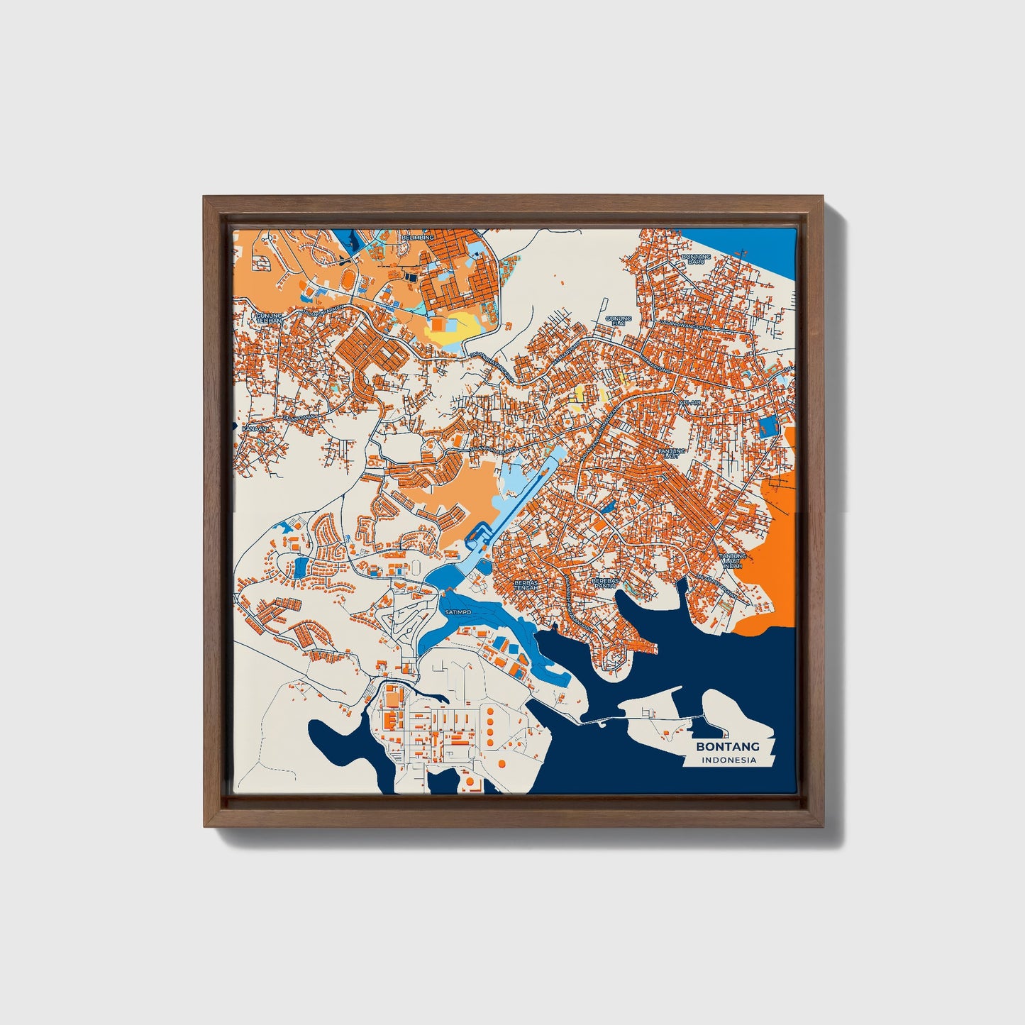 Bontang Indonesia Colorful City Map Canvas Print • Dark Wooden Framed