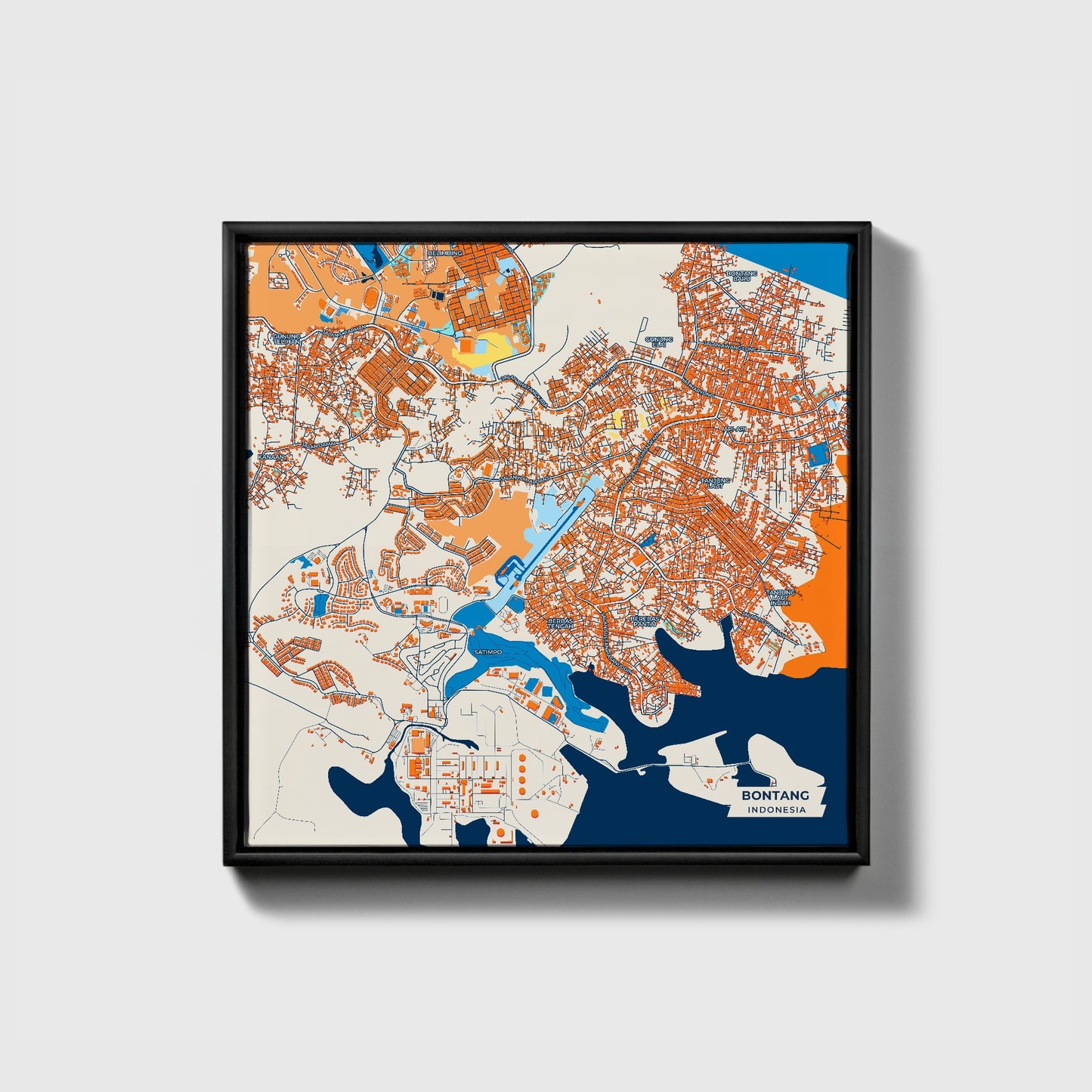 Bontang Indonesia Colorful City Map Canvas Print • Black Framed