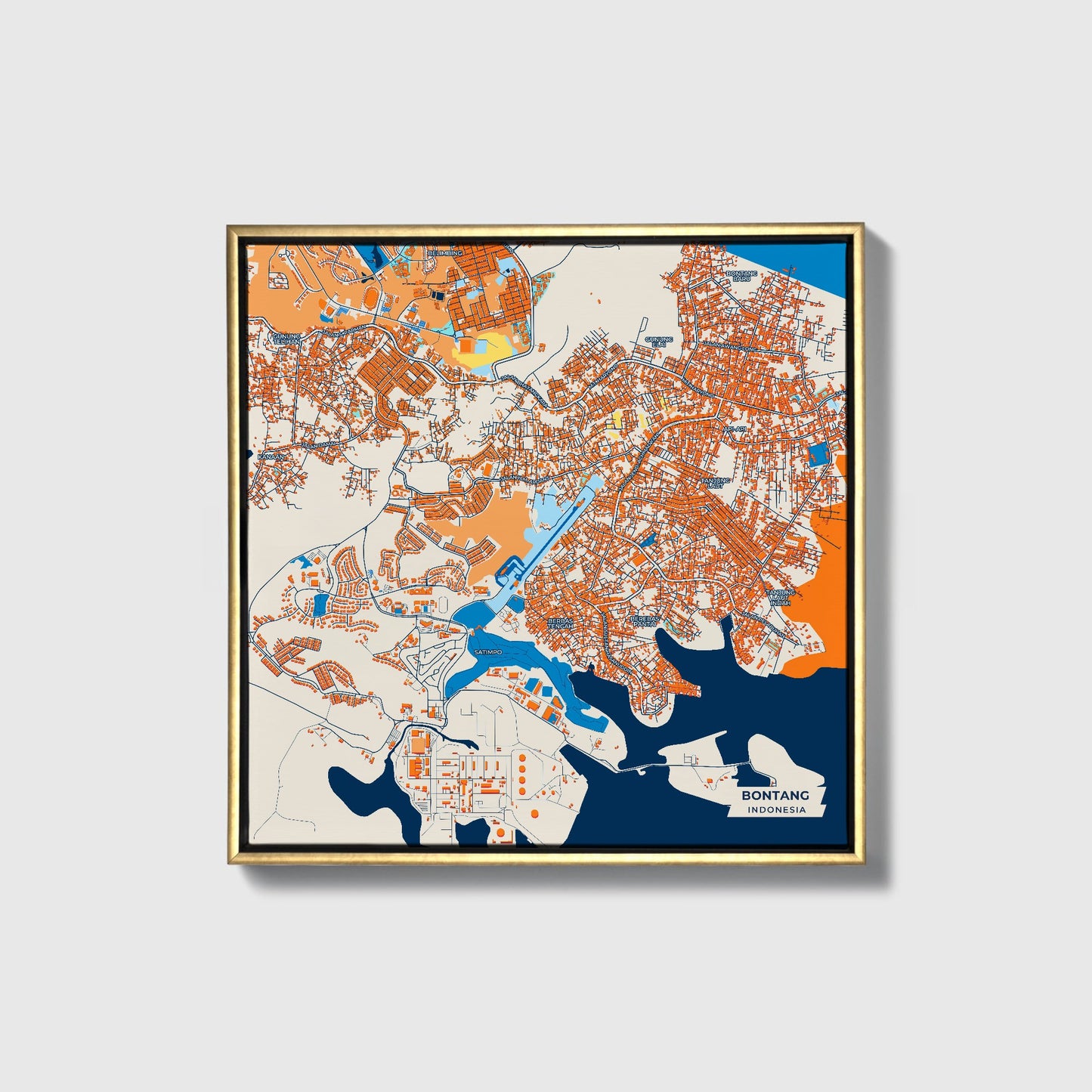 Bontang Indonesia Colorful City Map Canvas Print • Gold Framed