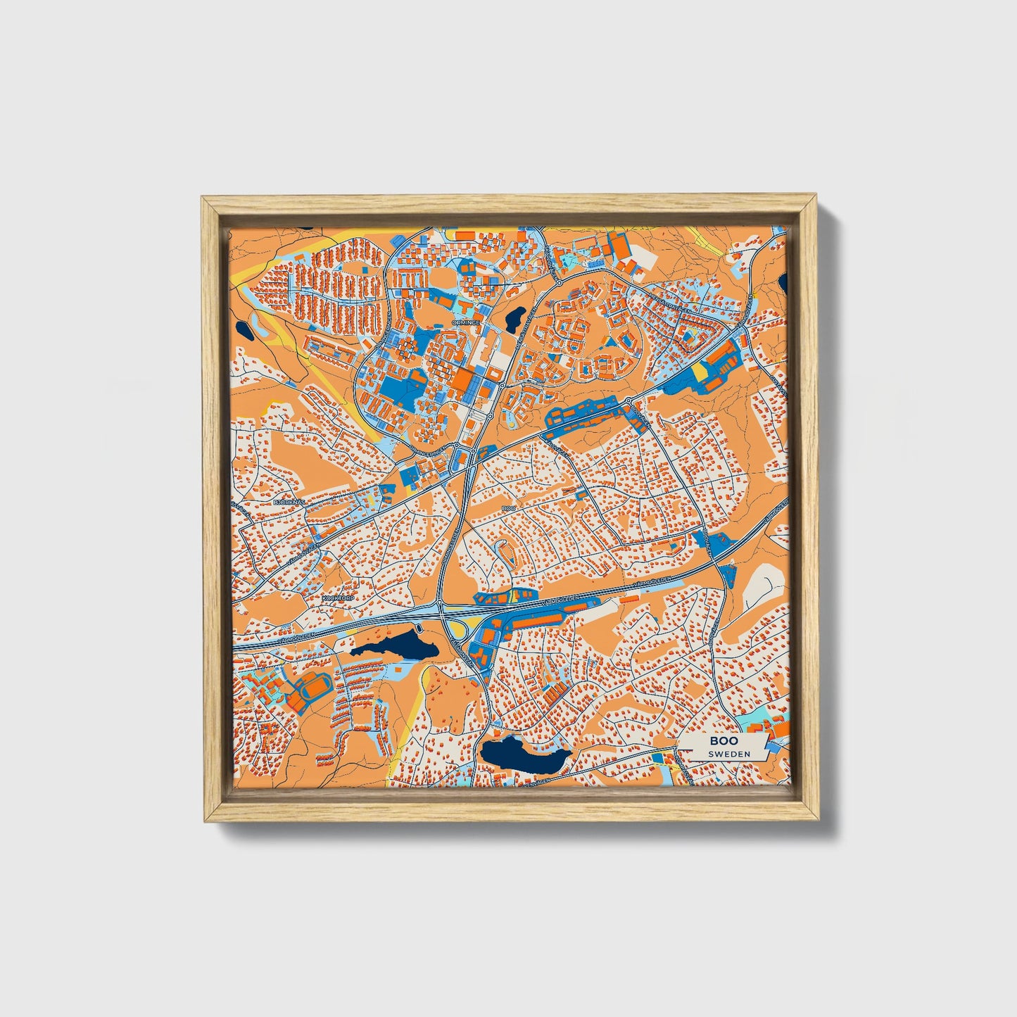Bua Sweden Colorful City Map Canvas Print • Natural Wooden Framed