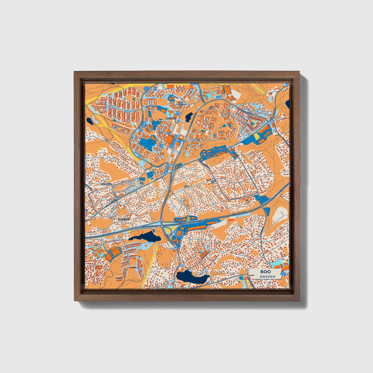 Bua Sweden Colorful City Map Canvas Print • Dark Wooden Framed