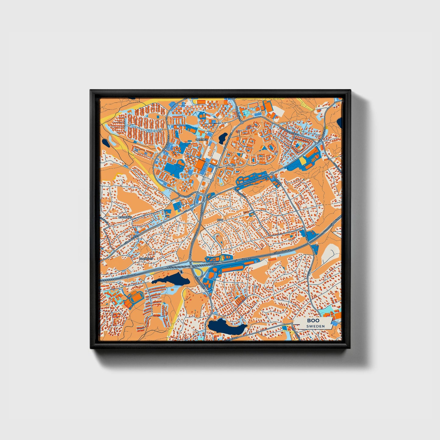 Bua Sweden Colorful City Map Canvas Print • Black Framed