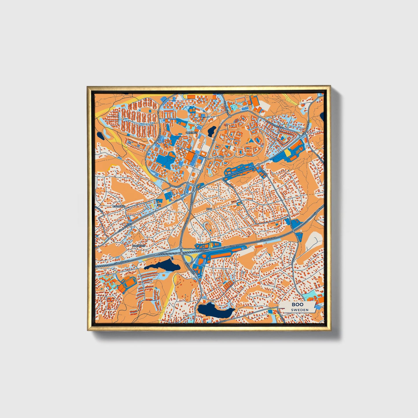 Bua Sweden Colorful City Map Canvas Print • Gold Framed