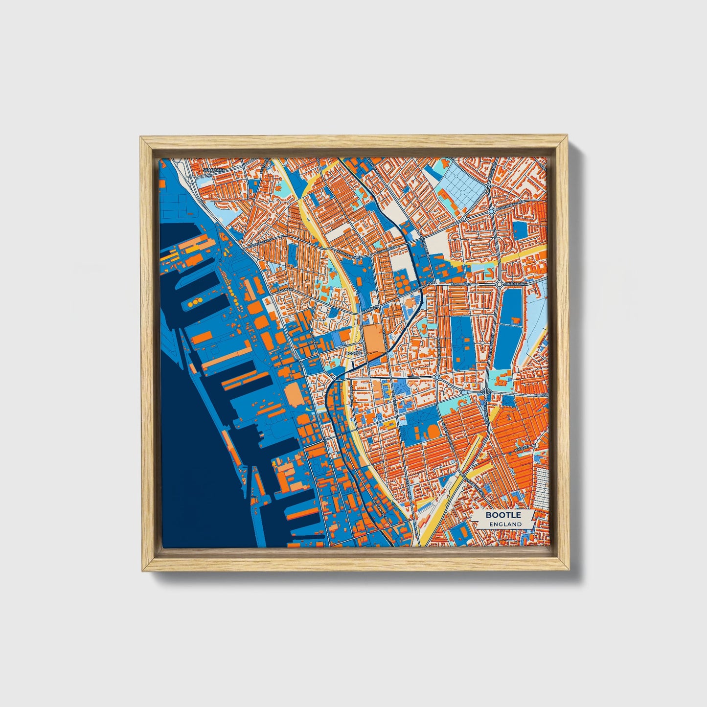 Bootle England Colorful City Map Canvas Print • Natural Wooden Framed