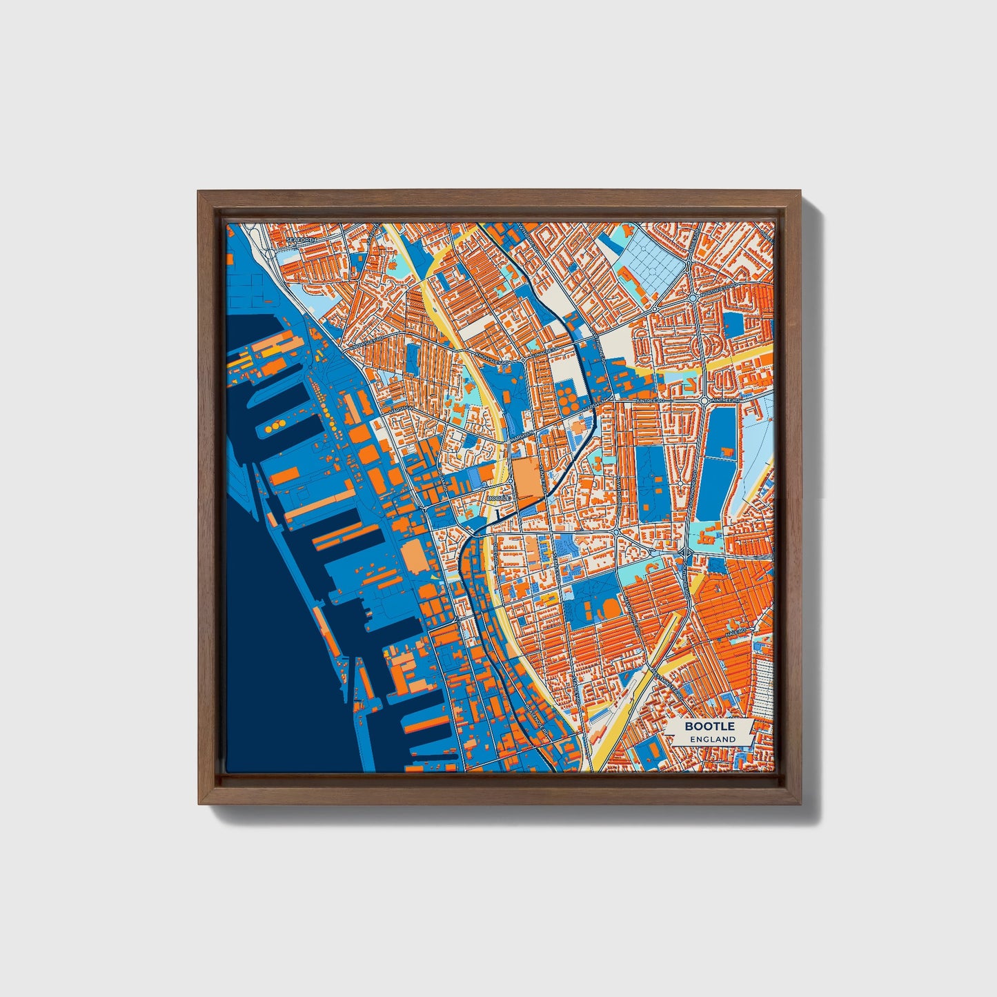 Bootle England Colorful City Map Canvas Print • Dark Wooden Framed
