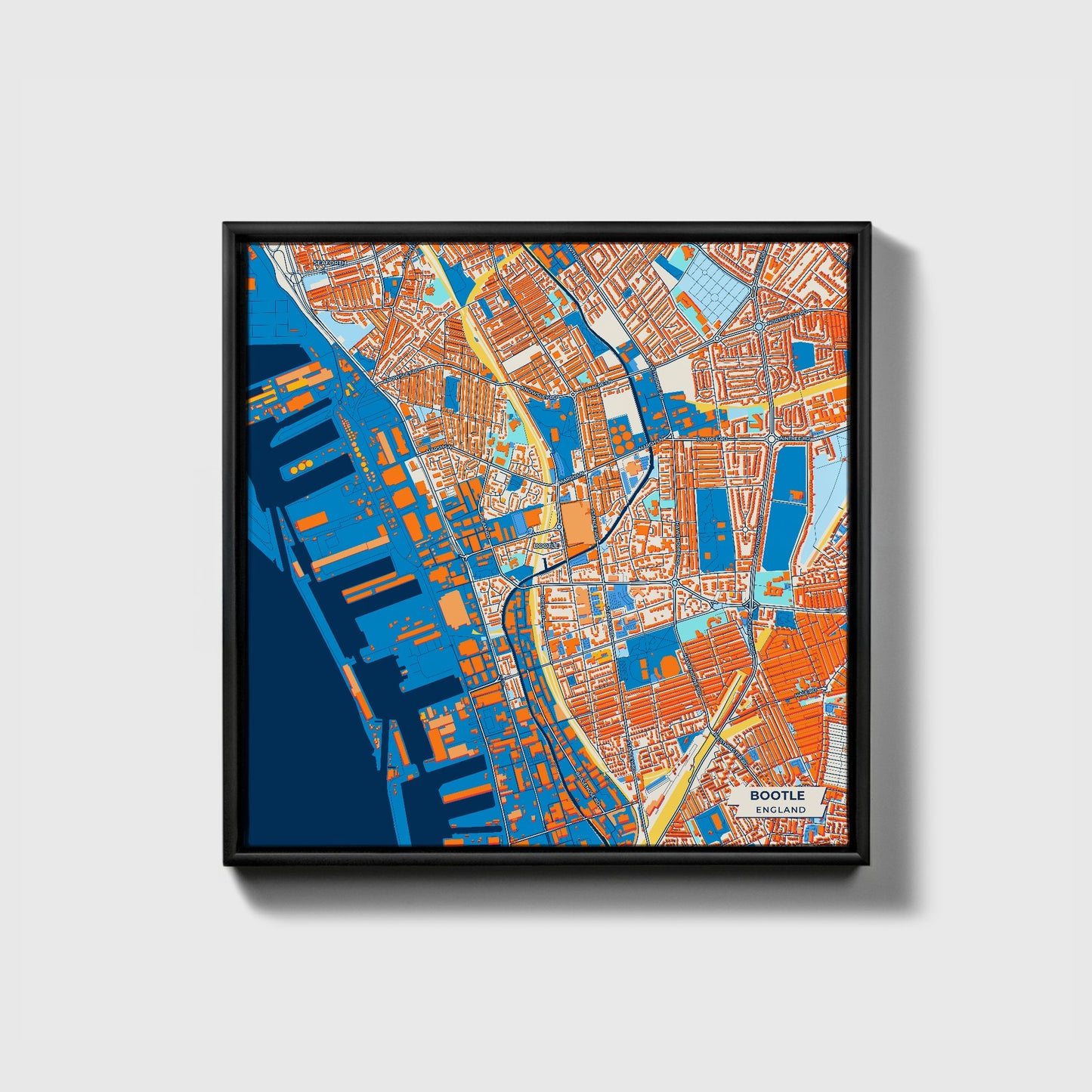 Bootle England Colorful City Map Canvas Print • Black Framed