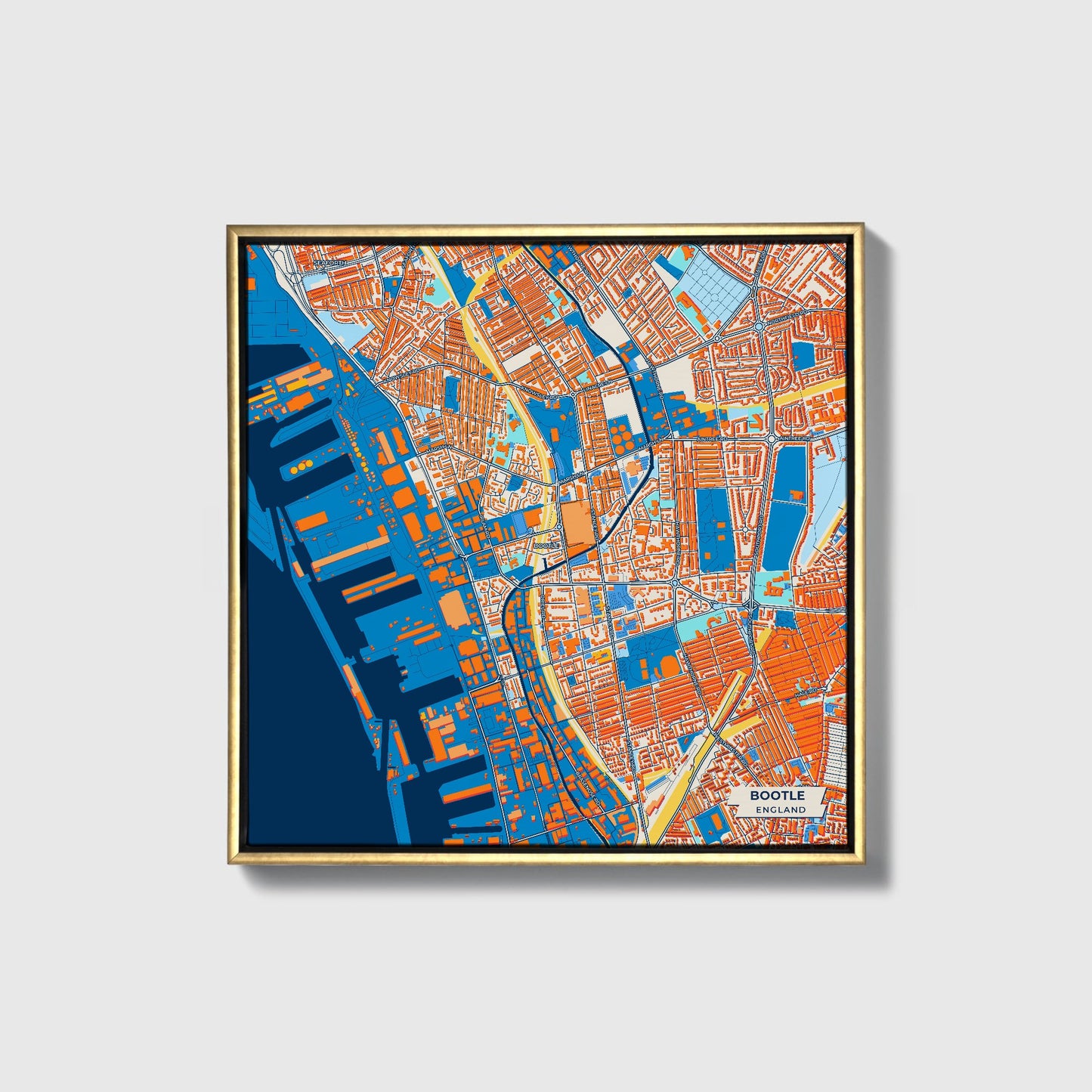 Bootle England Colorful City Map Canvas Print • Gold Framed