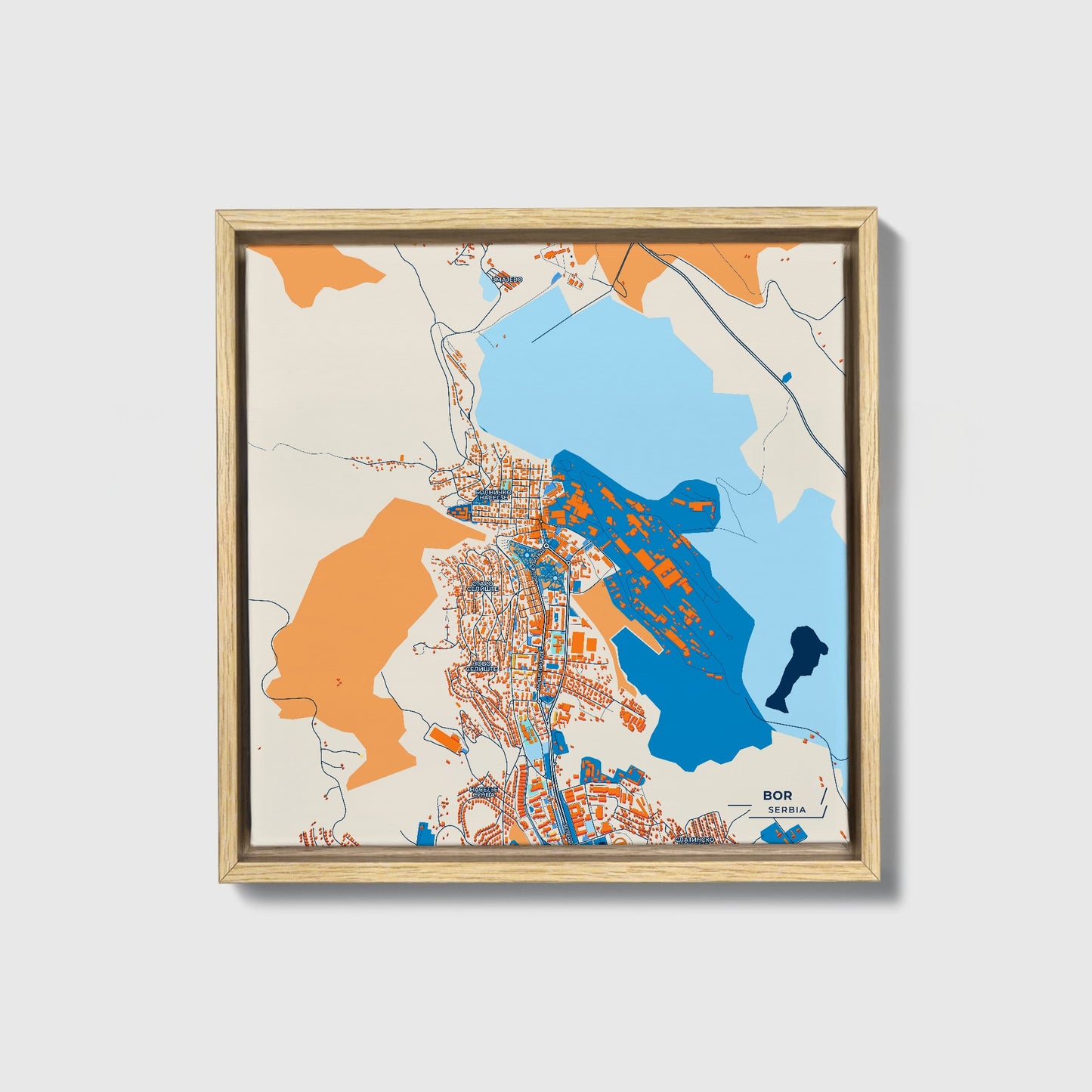 Бор Serbia Colorful City Map Canvas Print • Natural Wooden Framed