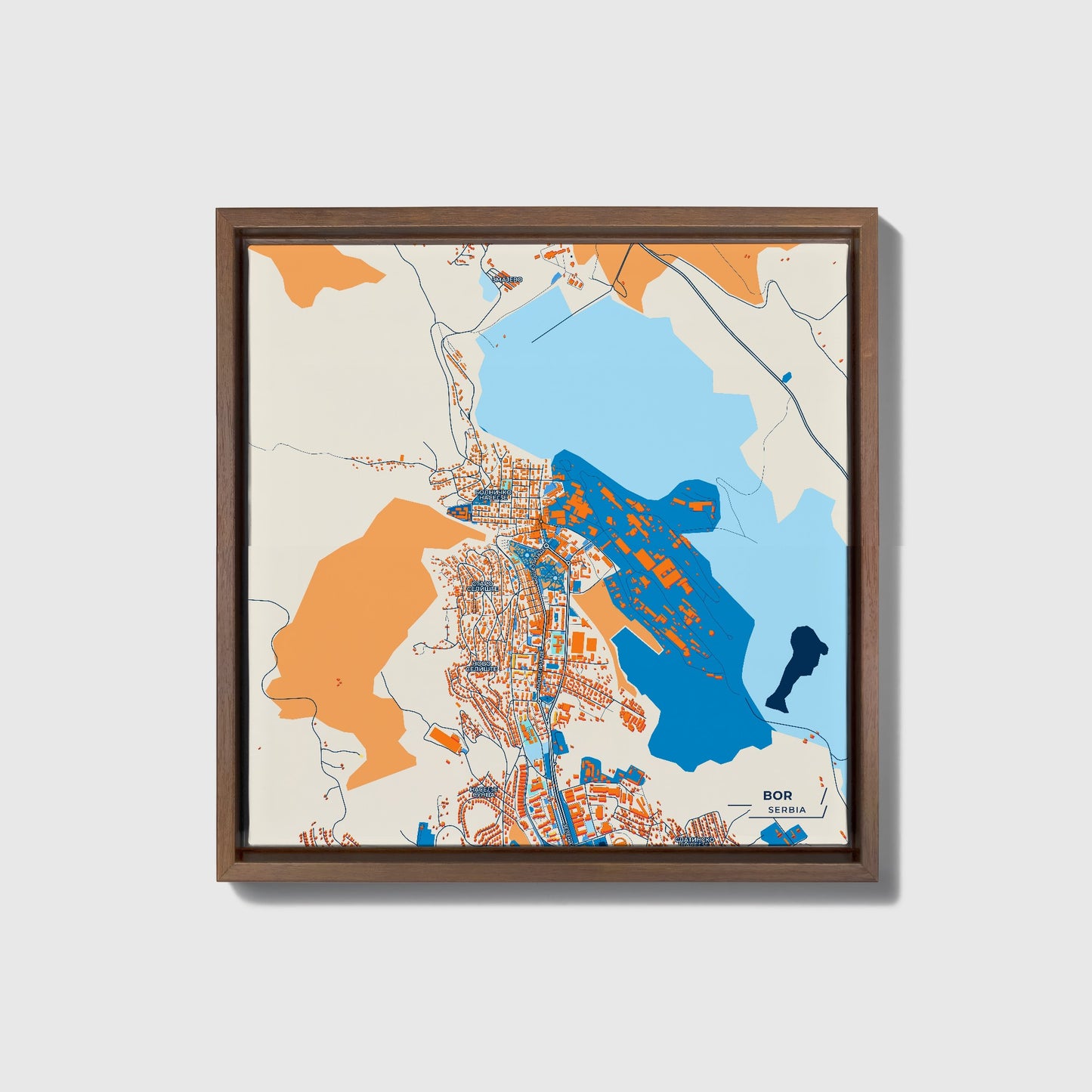 Бор Serbia Colorful City Map Canvas Print • Dark Wooden Framed