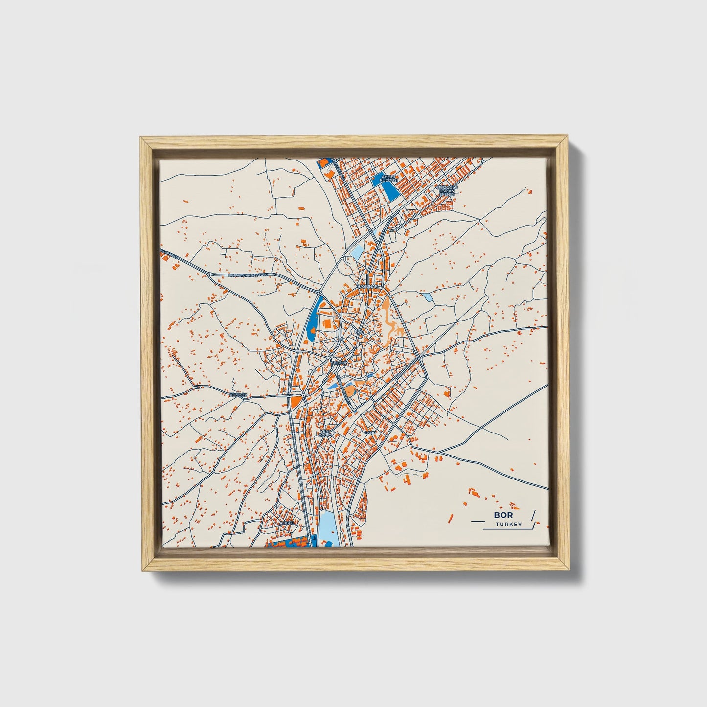 Bor Turkey Colorful City Map Canvas Print • Natural Wooden Framed