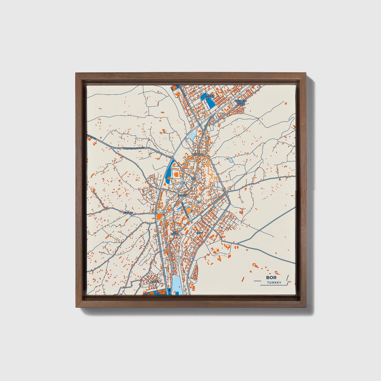Bor Turkey Colorful City Map Canvas Print • Dark Wooden Framed