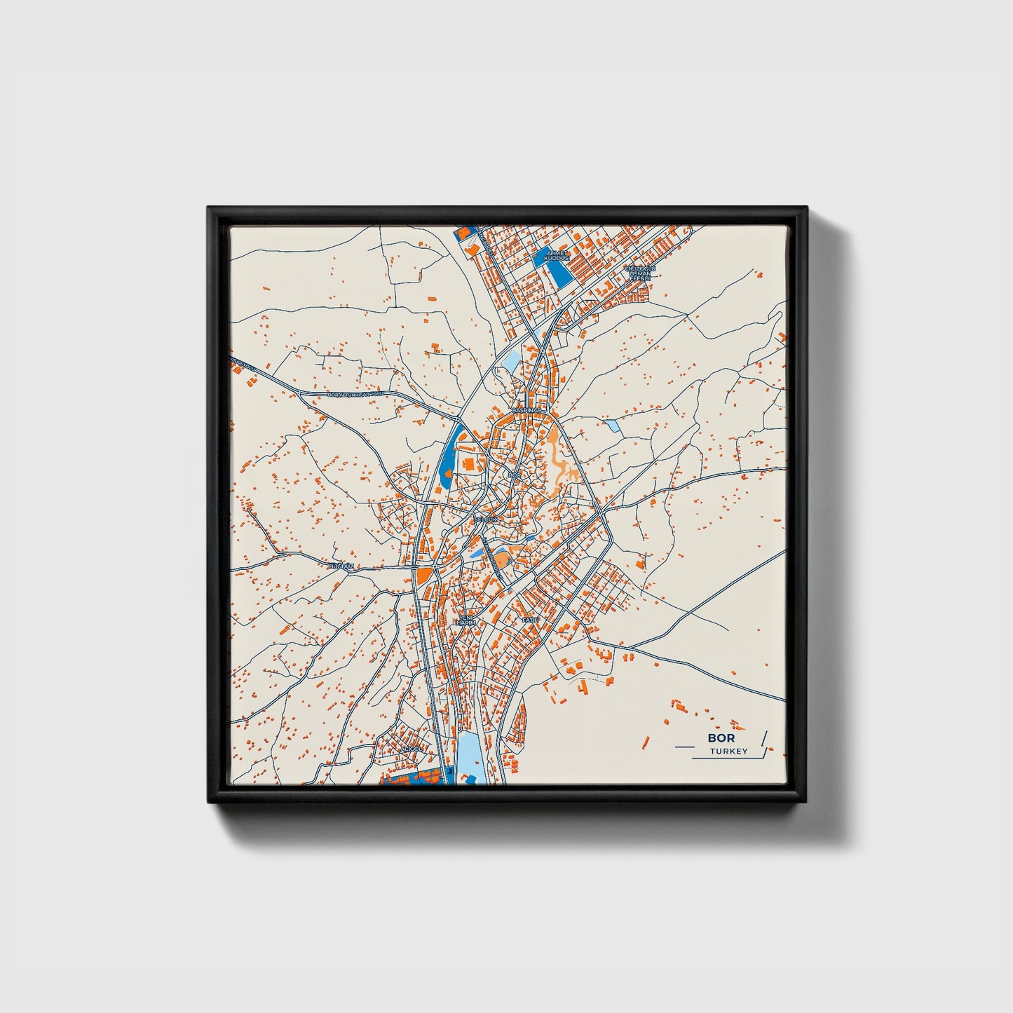 Bor Turkey Colorful City Map Canvas Print • Black Framed