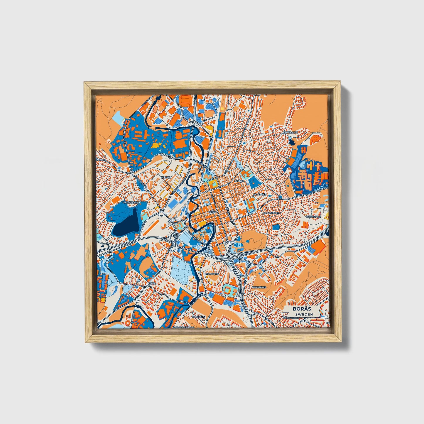 Borås Sweden Colorful City Map Canvas Print • Natural Wooden Framed