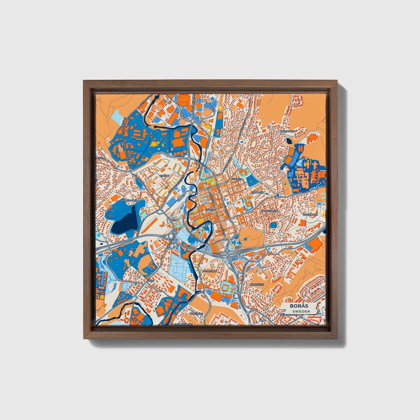 Borås Sweden Colorful City Map Canvas Print • Dark Wooden Framed