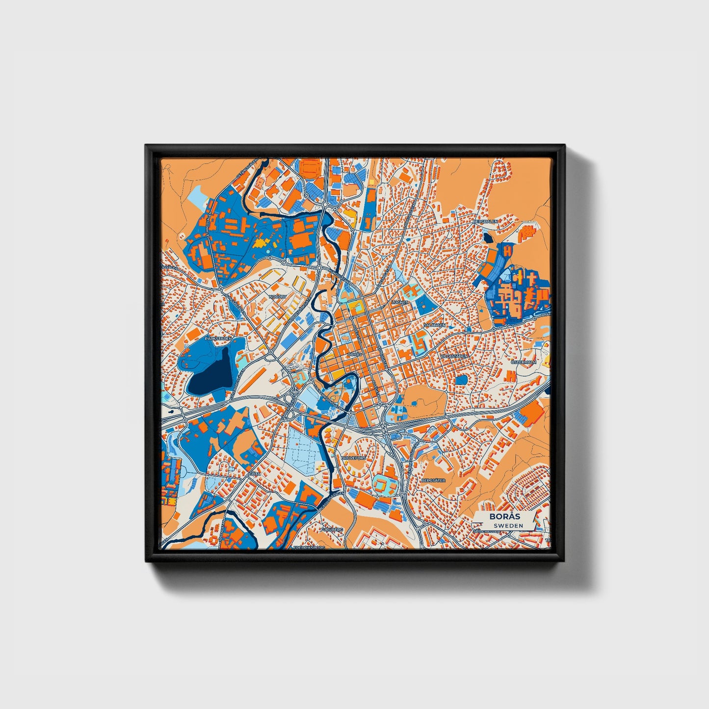 Borås Sweden Colorful City Map Canvas Print • Black Framed