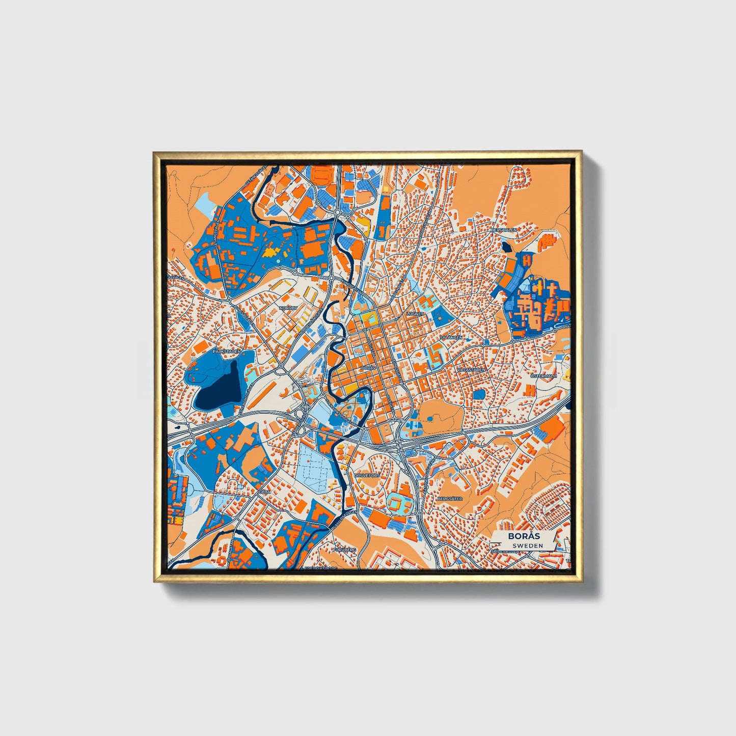 Borås Sweden Colorful City Map Canvas Print • Gold Framed