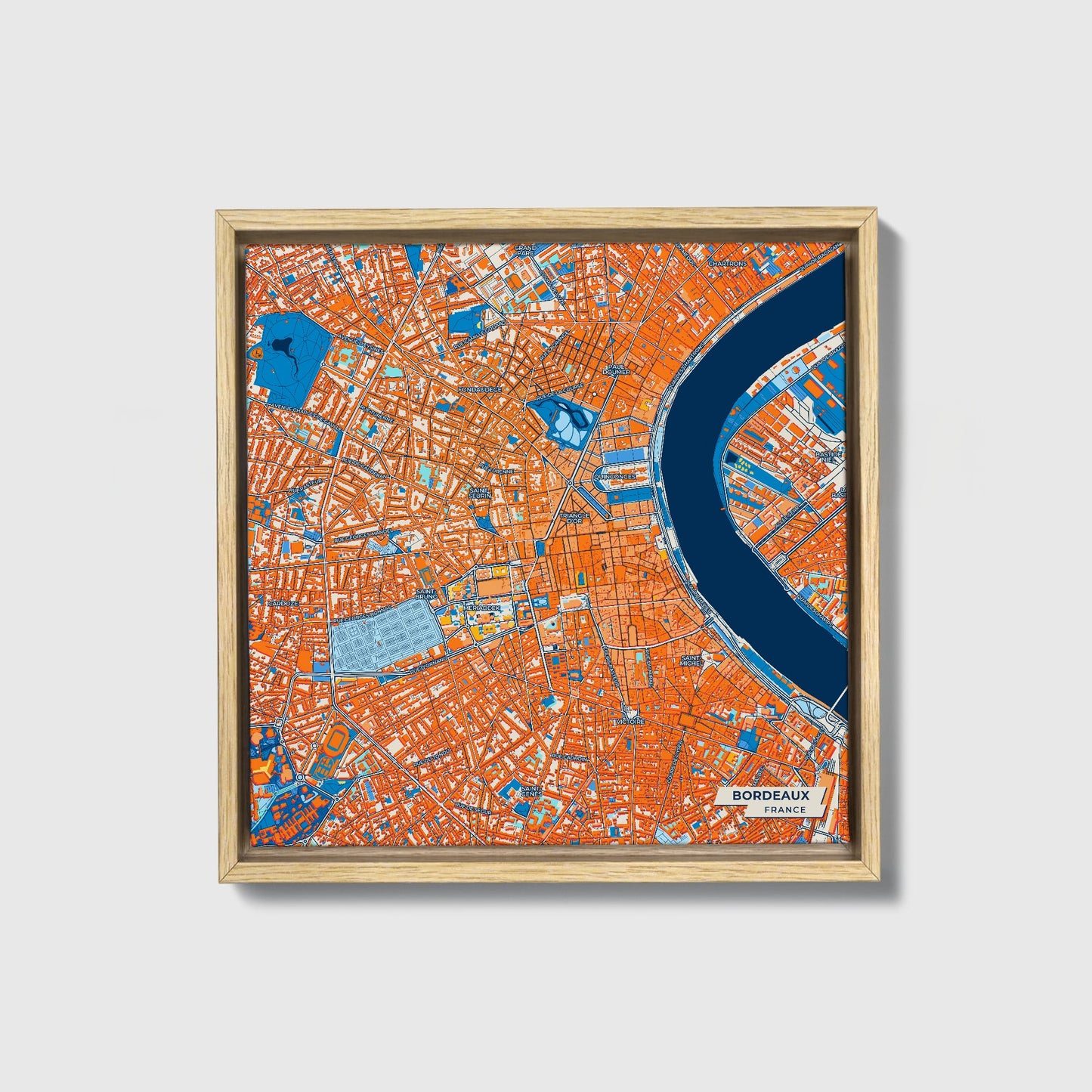 Bordeaux France Colorful City Map Canvas Print • Natural Wooden Framed
